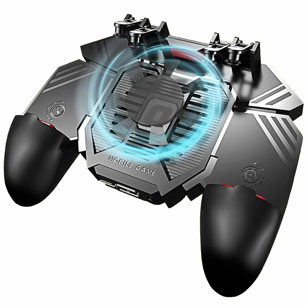 Ozkak Mobile Controller con Fan Ventola Raffreddamento, Smartphone Trigger 6 Finger L1 R1 L2 R2 per PUBG COD Telefono Cellulare iPhone iOS Android Larghezza da 67 a 90 mm