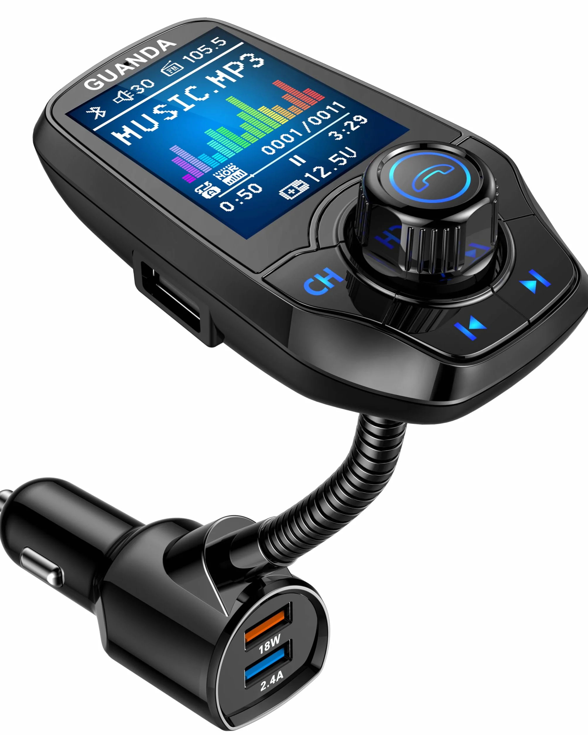 Guanda Trasmettitore FM Bluetooth per Auto con 1,8‘’ Schermo Colorato, Radio Adattatore Chiamate Vivavoce Kit Auto MP3 Audio Lettore con 2 Porte USB, Supporto Ingresso/Uscita AUX U Disk SD/TF Card