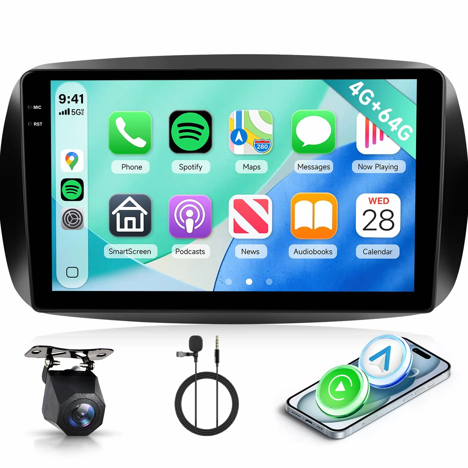 Hodozzy 4G+64G Autoradio per Mercedes Benz Smart 453 Fortwo 2014-2020 Android 9 Pollici InCell Touch Schermo Carplay Wireless Android Auto, Stereo 2 Din Bluetooth DSP GPS WiFi Radio FM RDS Telecamera