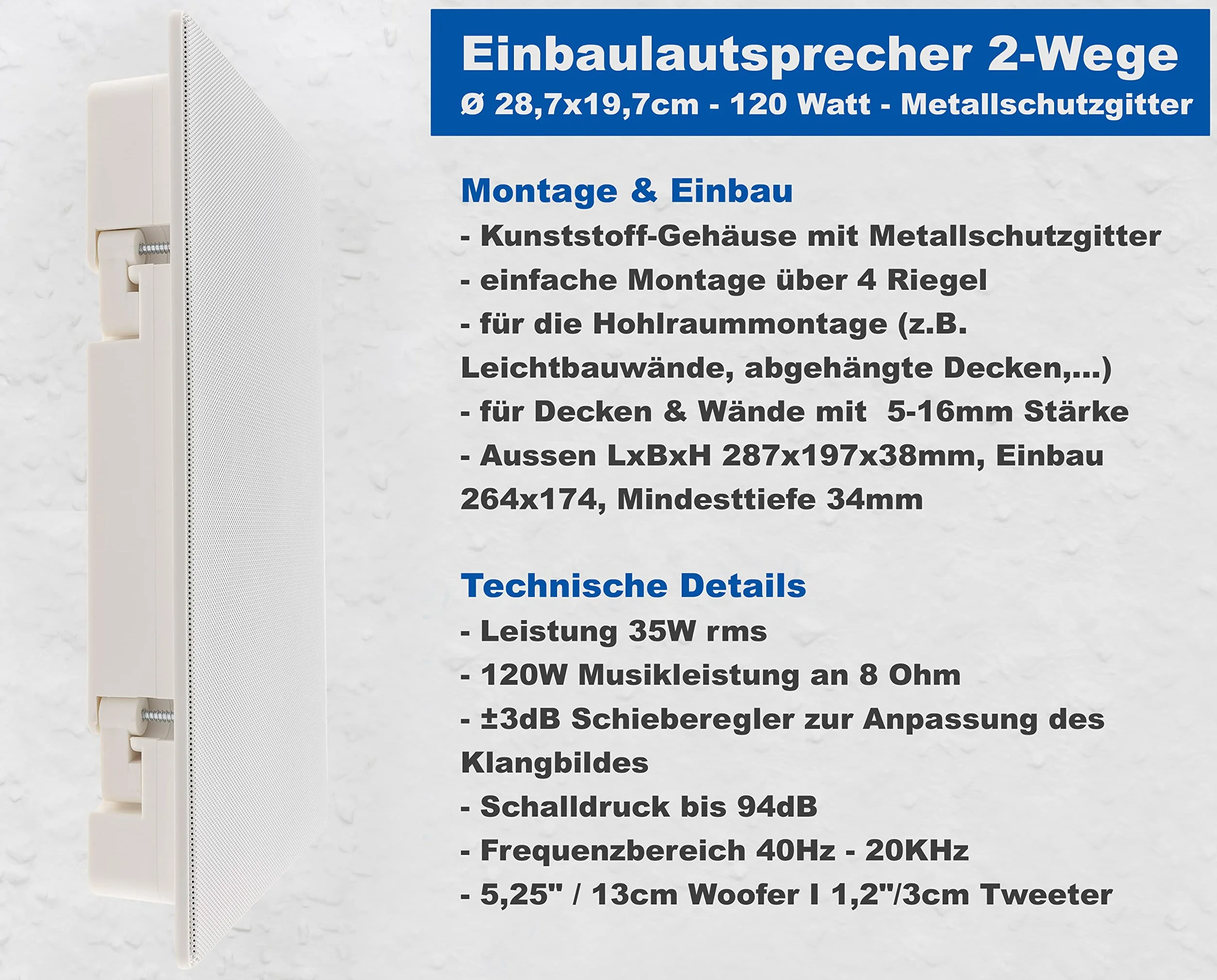 ChiliTec Altoparlante da Incasso 2 Vie 120 Watt 34 mm Bianco