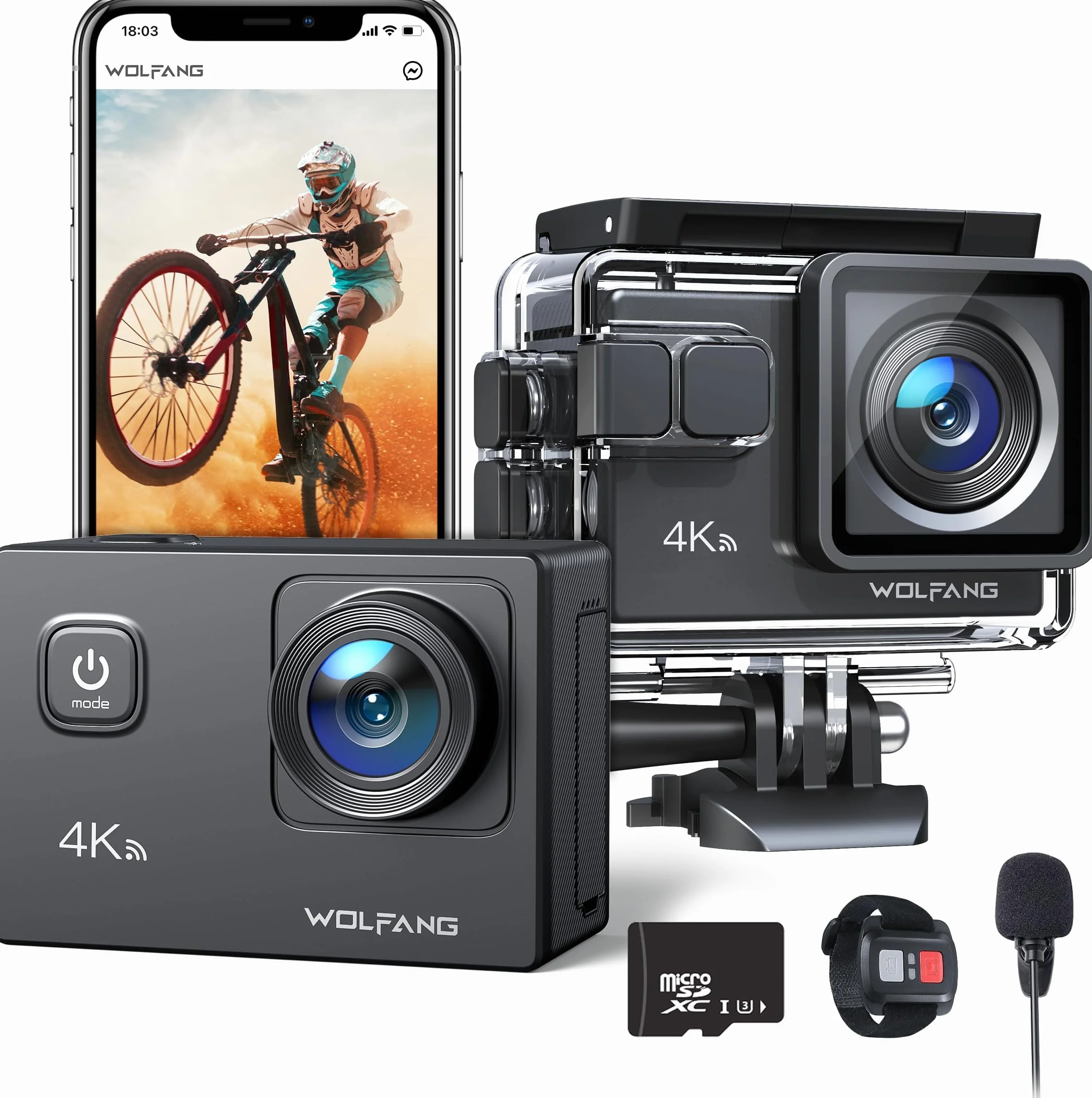 WOLFANG GA100 Action Cam 4K 30FPS 20MP 170° Grandangolo Impermeabile 40M con 32GB MicroSD EIS Telecomando 2.4G
