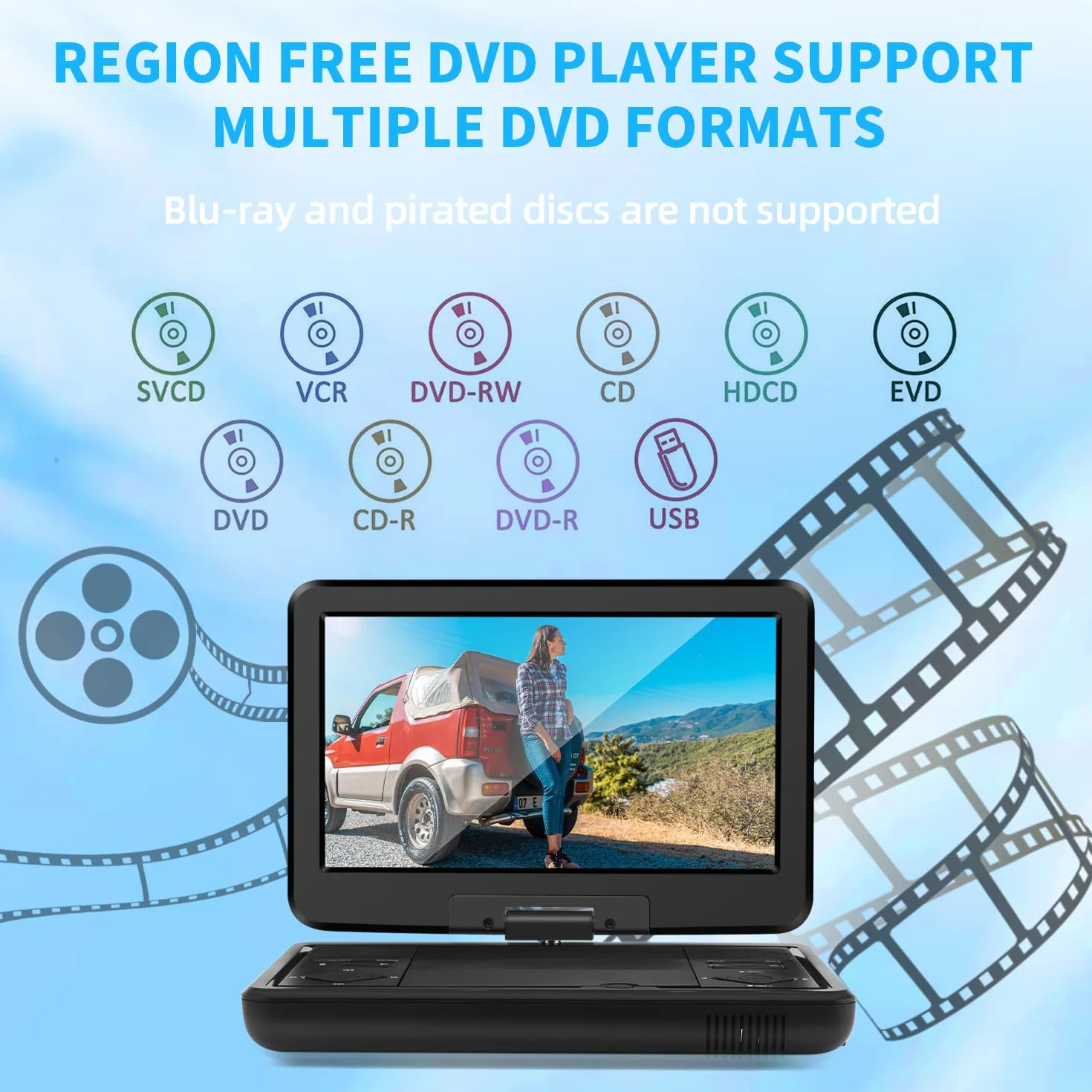 KCR Lettore DVD Portatile da 10,1 Pollici con TV DVB-T2 Integrata, Schermo LED Girevole, USB/HDMI/AV, Batteria Ricaricabile