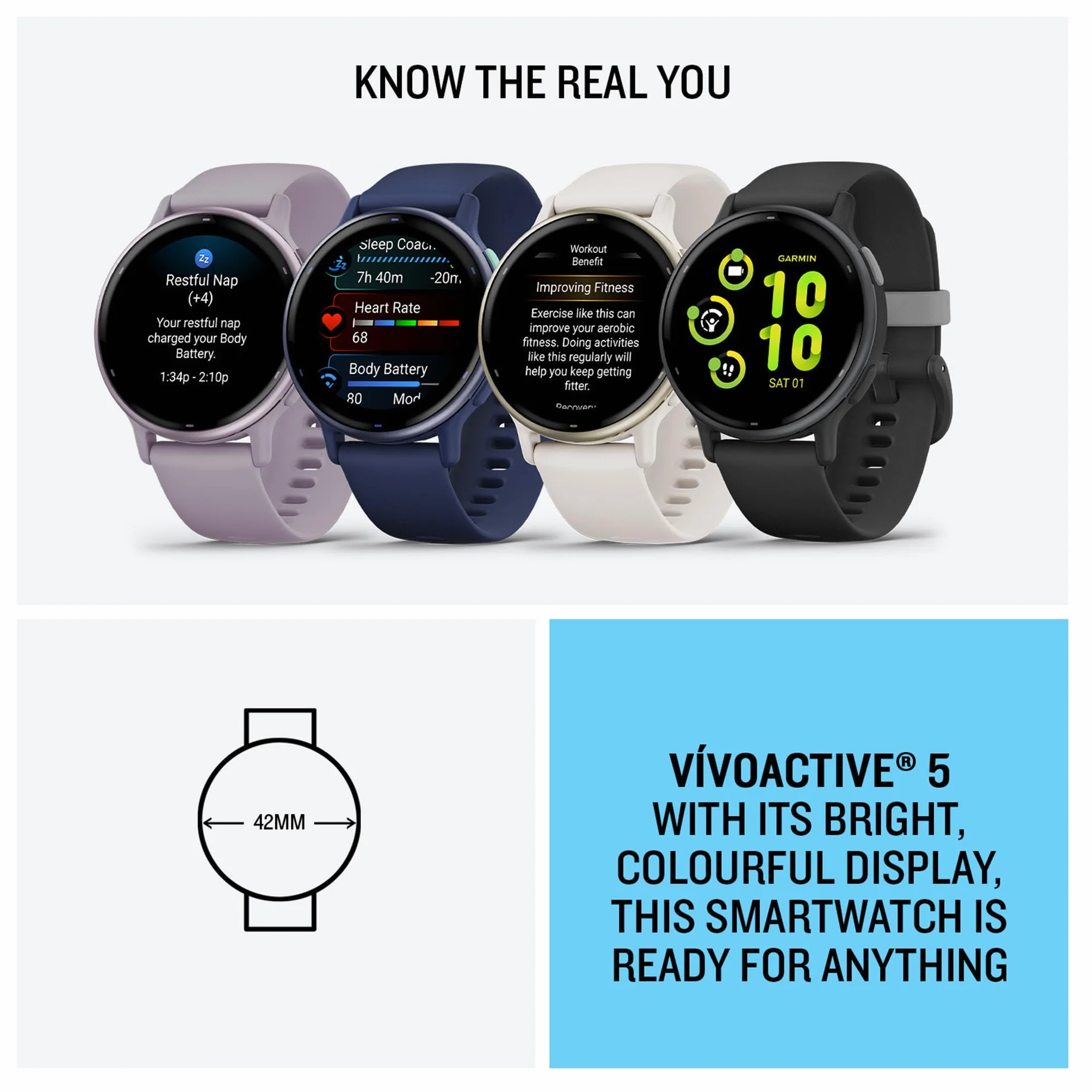 Garmin vívoactive 5, Smartwatch AMOLED 1,2", Cassa 42mm, Musica, Pay, +30 Sport, GPS, Cardio, Coach Sonno, Benefici Workout, Autonomia 11 giorni (Blue & Blue Metallic) (Ricondizionato)