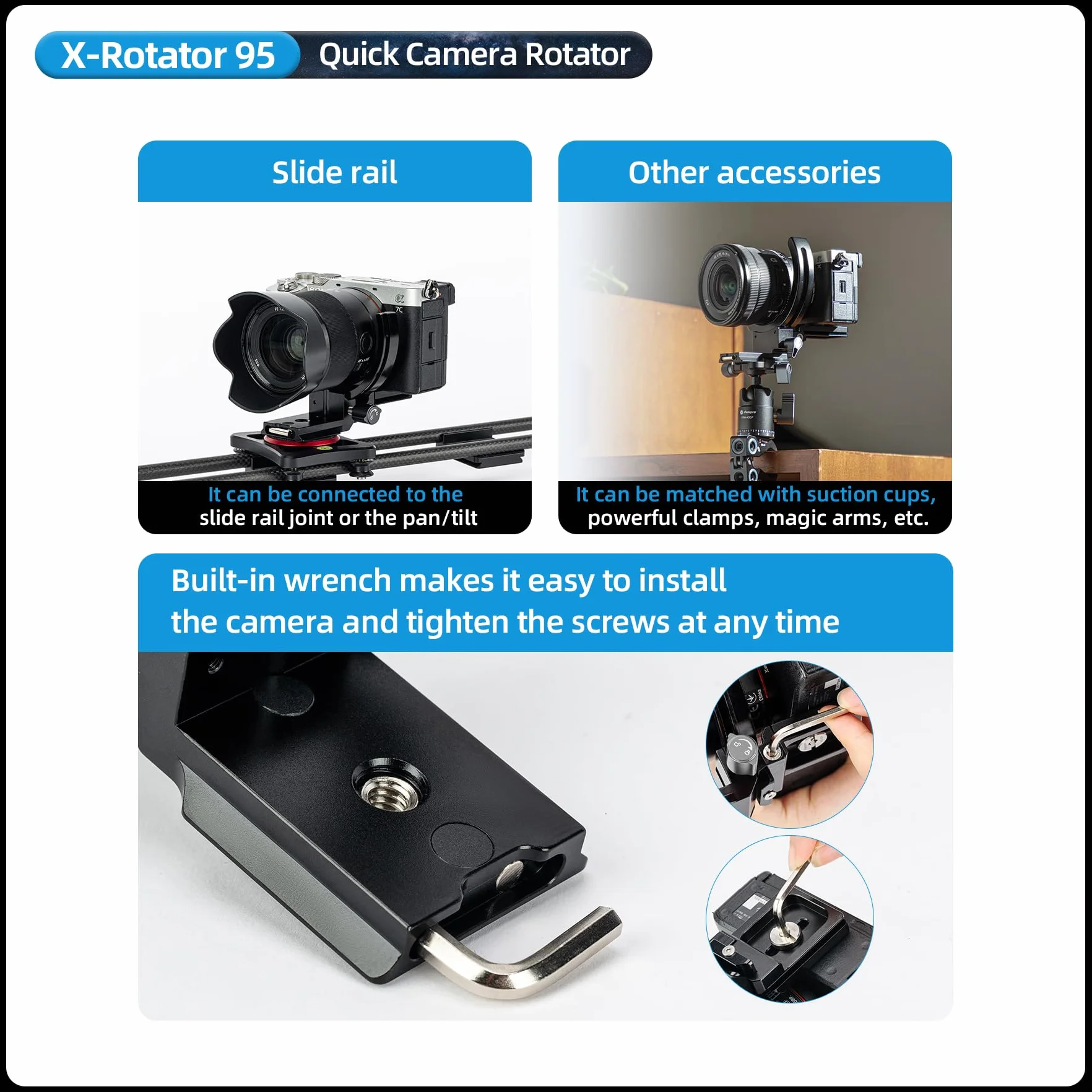 Fotopro Supporto verticale per fotocamera, anello per obiettivo ad treppiede, piastra girevole 1/4, adatta a Sony, Nikon, Canon, Fuji, Arca-Type