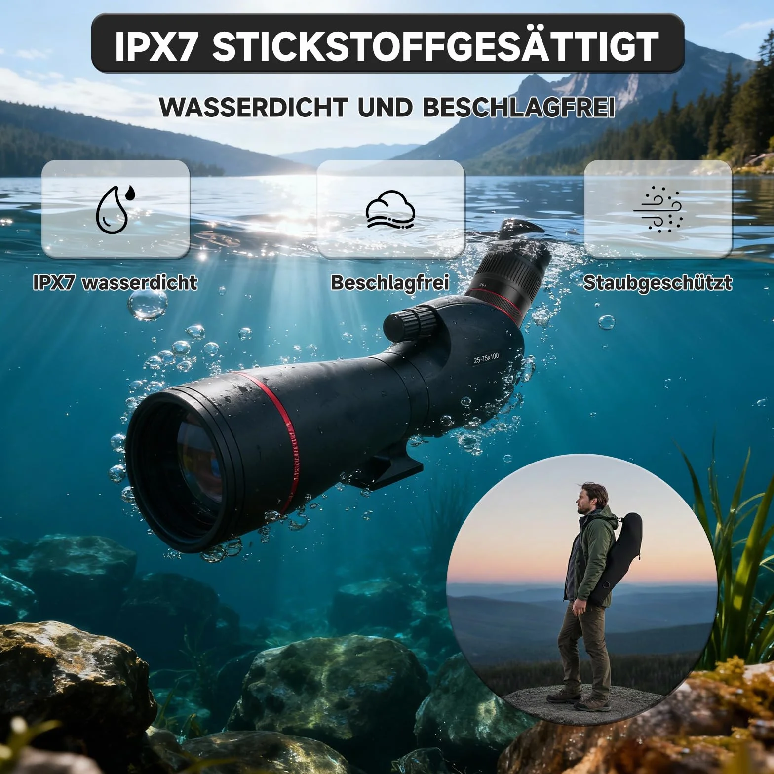 Cannocchiale da Osservazione 25-75x100 BAK4 FMC, Telescopio IPX7 Impermeabile Antiappannamento con Treppiede 360°, Adattatore Smartphone e Custodia per Birdwatching Caccia Astronomia