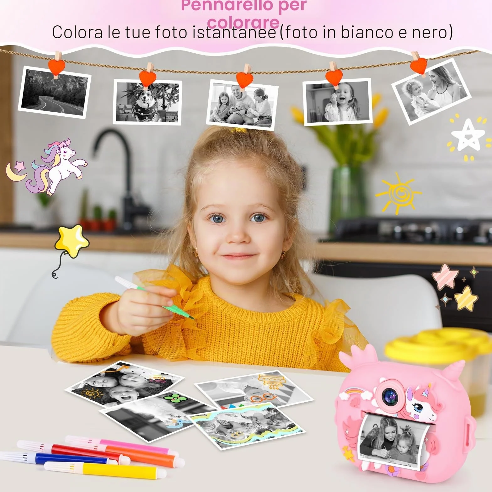 Macchina Fotografica Bambini Istantanea, Ambesty 2,4 Pollici 1080P Fotocamera Bambini Selfie, Fotocamera Digitale con 32GB Scheda e Carta Fotografica, Regali di Natale da 3-12 Anni (Rosa)