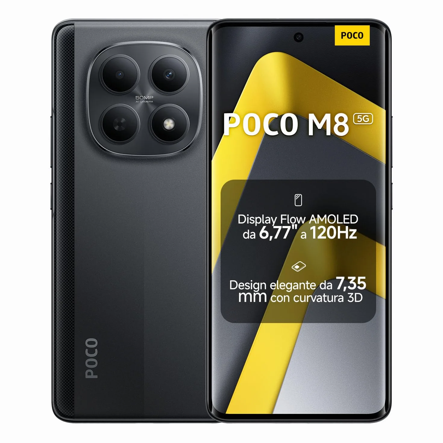 XIAOMI POCO M8 5G, Smartphone 8+256GB, Display AMOLED FIoW 6,77" 120Hz, Snapdragon® 6 Gen 3, Doppia fotocamera AI 50MP, Design curvo 3D da 7,35 mm, Nero, Garanzia 2 anni, Caricatore non incluso