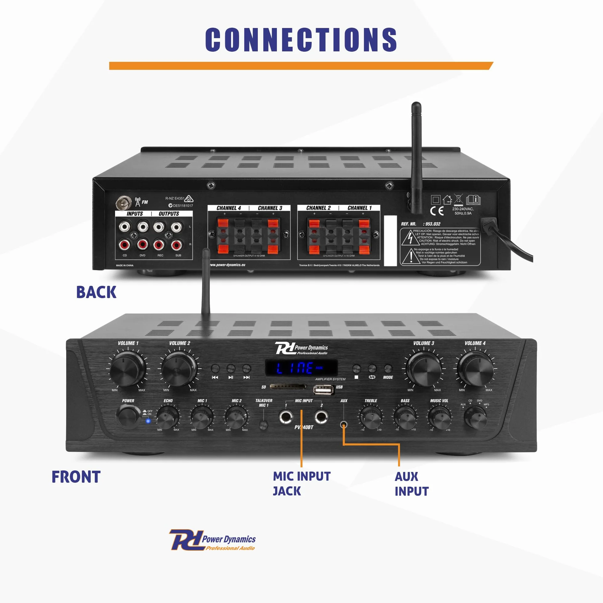 Power Dynamics PV240BT 4-zone versterker met Bluetooth, radio & mp3 speler, 8x 50W, Zwart