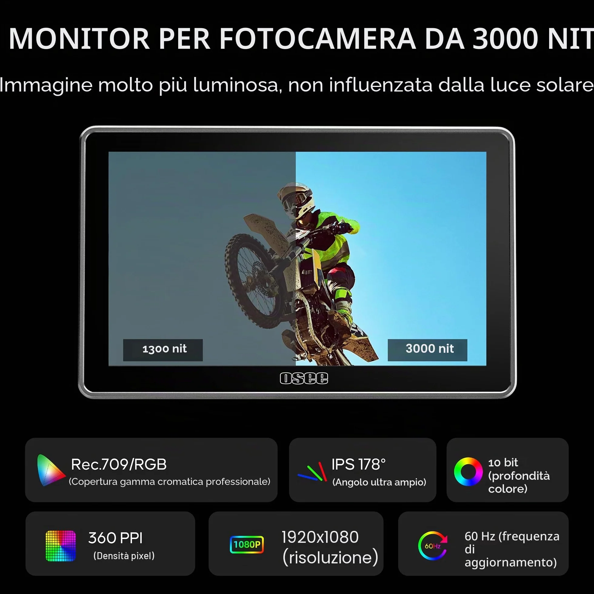 Osee G7 Pro Monitor Video per Fotocamera 7 Pollici 3000nits Touchscreen Monitor di Campo con Controllo Telecamera, Ingresso/Uscita HDMI 3G-SDI, LUT 3D, Touch to Focus DSLR Monitor