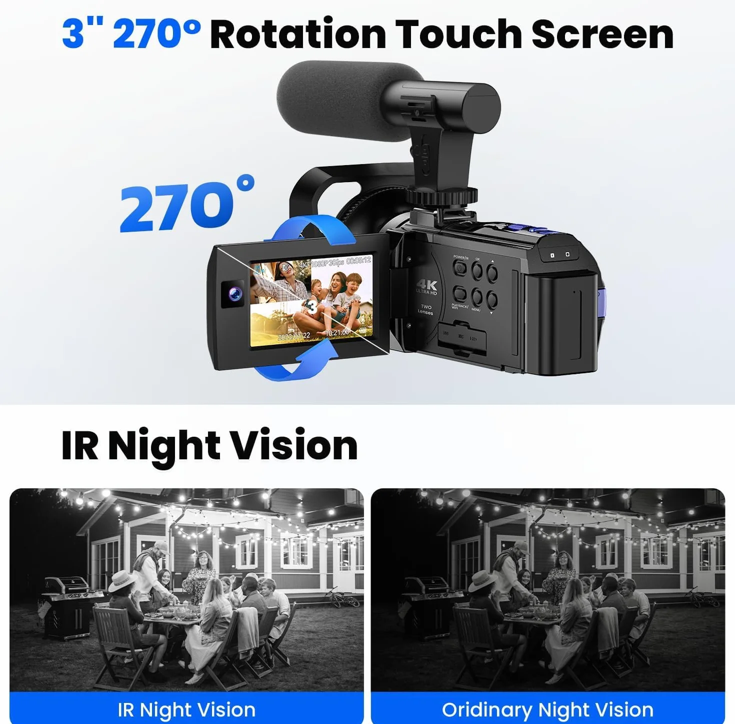 Videocamera Camcorder 5K WiFi 56MP Doppio Lente 16X IR Night Vision Video Camera 3.0" Touchscreen Vlogging Camera per YouTube con 2 Batterie,Scheda 64GB,Telecomando,microfono