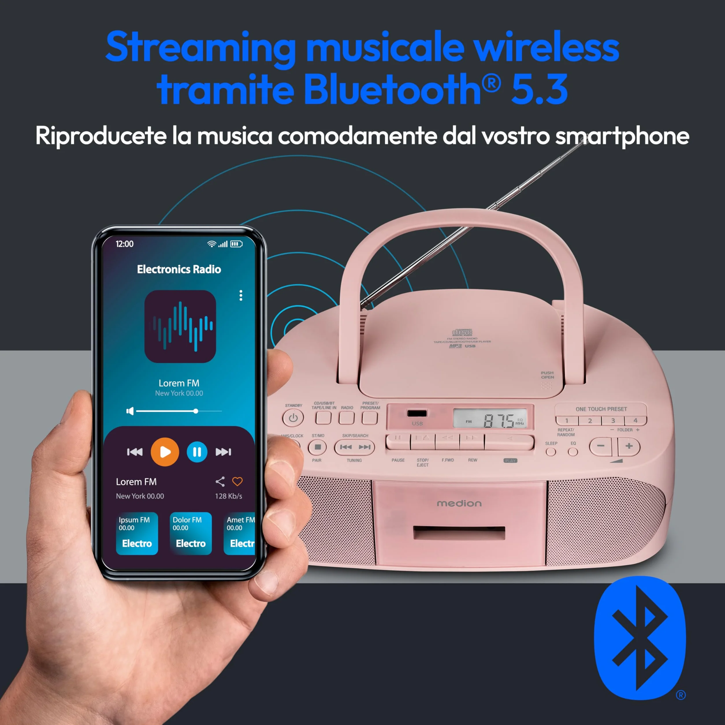 MEDION E65010 Radio Stereo (Lettore CD, Cassette, connessione USB, Ingresso Audio AUX, Riproduzione MP3. Radio FM PLL, Memoria 40 stazioni, Funzionamento a Batteria, Telecomando) Rosa