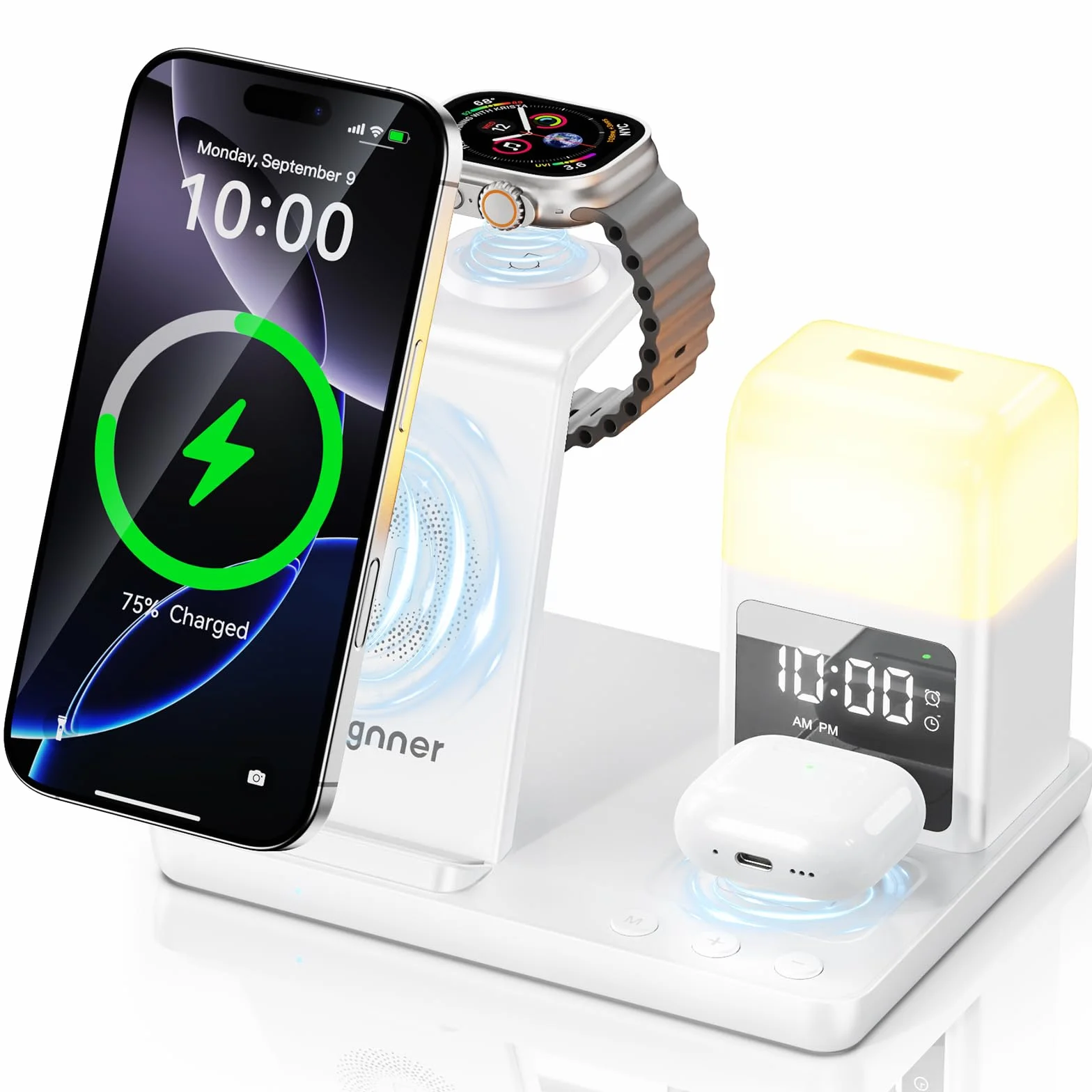 Caricatore Wireless Con lampada notturna e sveglia, 6 In 1 Stazione Ricarica Apple Induttiva Compatibile Con iPhone 17 16 15 14 13 12 11 XS/XR/X/8/8 Plus, Apple Watch, AirPods 4/3/2/Pro (Bianco)