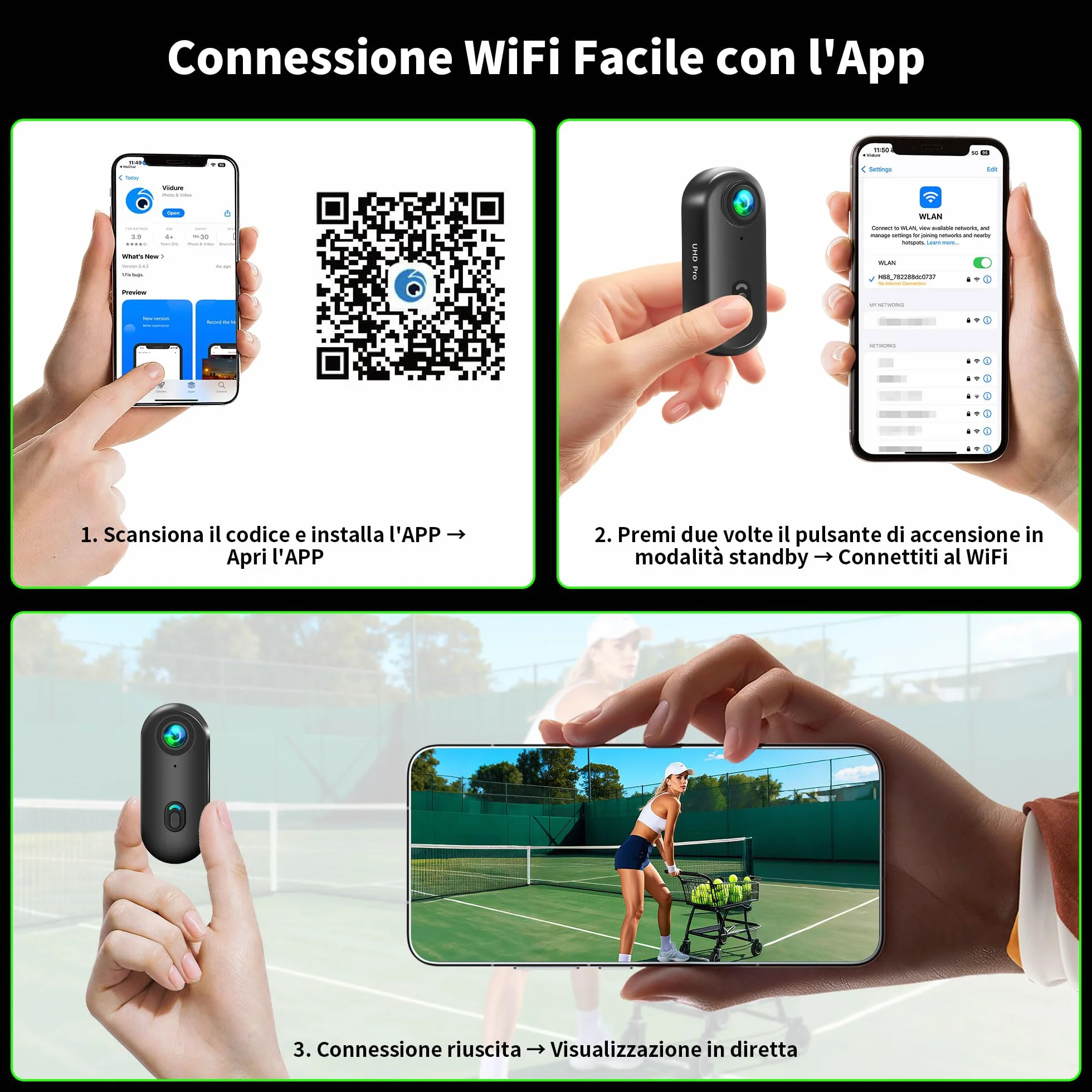 4K Mini Action Cam WiFi, Telecamera Moto, Grandangolare 120° Bodycam, Videocamera Sportiva Impermeabile fino a 30M, Fotocamera Accesorios Multiples per Bicicletta Casco