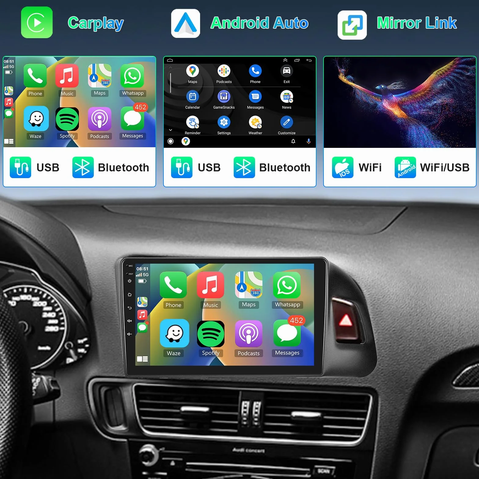 8 Core 4GB+64GB Autoradio per Audi Q5 2010-2018 Android 9 Pollici Touch Screen Carplay Android Auto Wireless, Hodozzy 2 Din Radio Bluetooth DSP GPS WiFi RDS Telecamera Schermo Auto Stereo per Audi Q5
