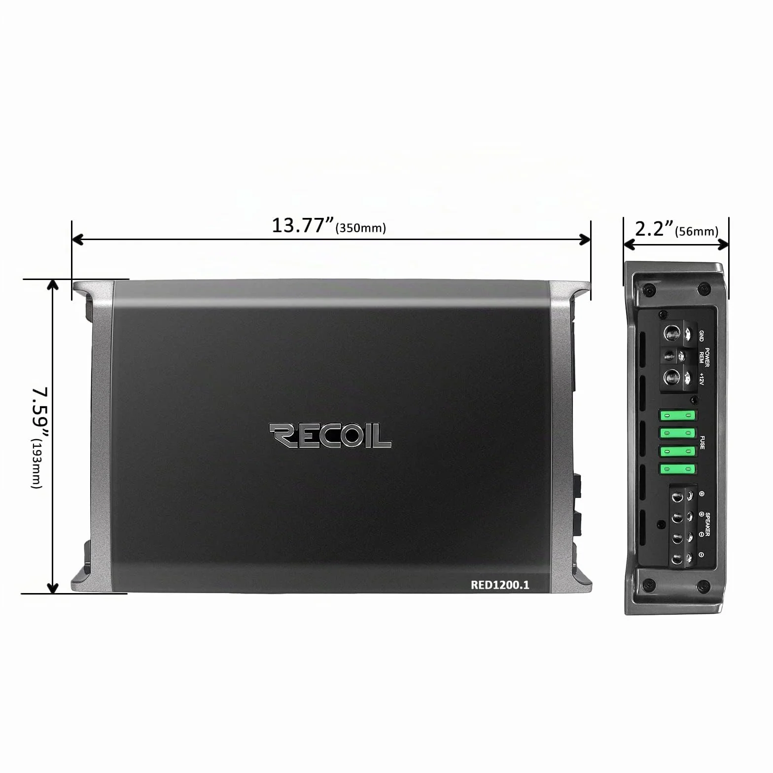 RECOIL RED1200-1 Amplificatore subwoofer monoblocco per auto in classe D da 2500 Watt, 1 Ohm stabile, manopola dei bassi remota inclusa