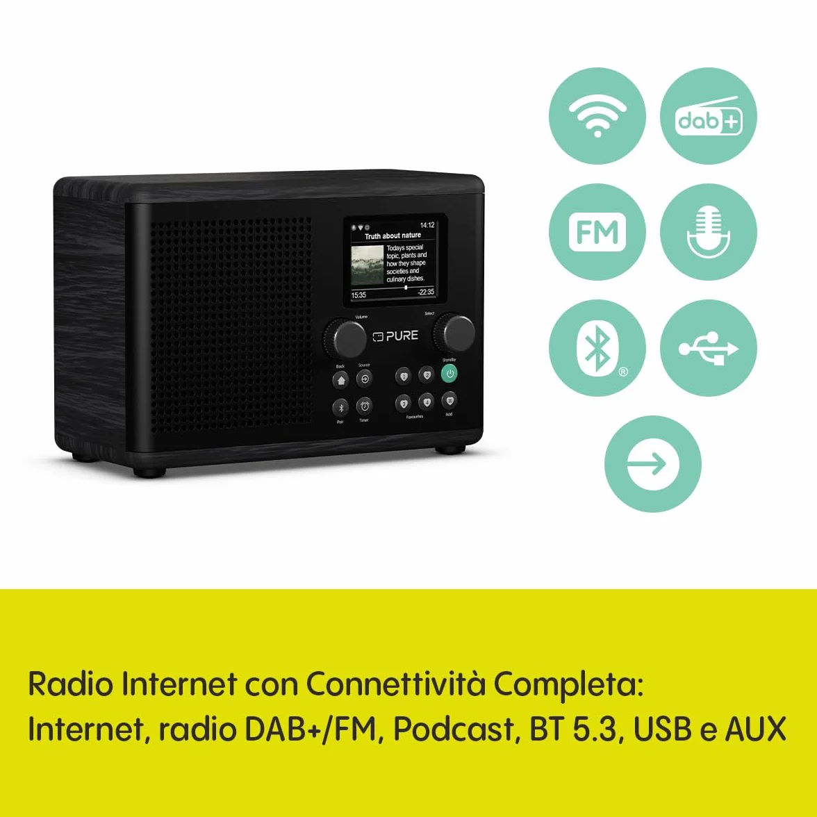 Radio Internet Pure Classic H4i WiFi DAB+ FM Bluetooth 5.3 USB Altoparlante 10W Schermo 2,4" Nero
