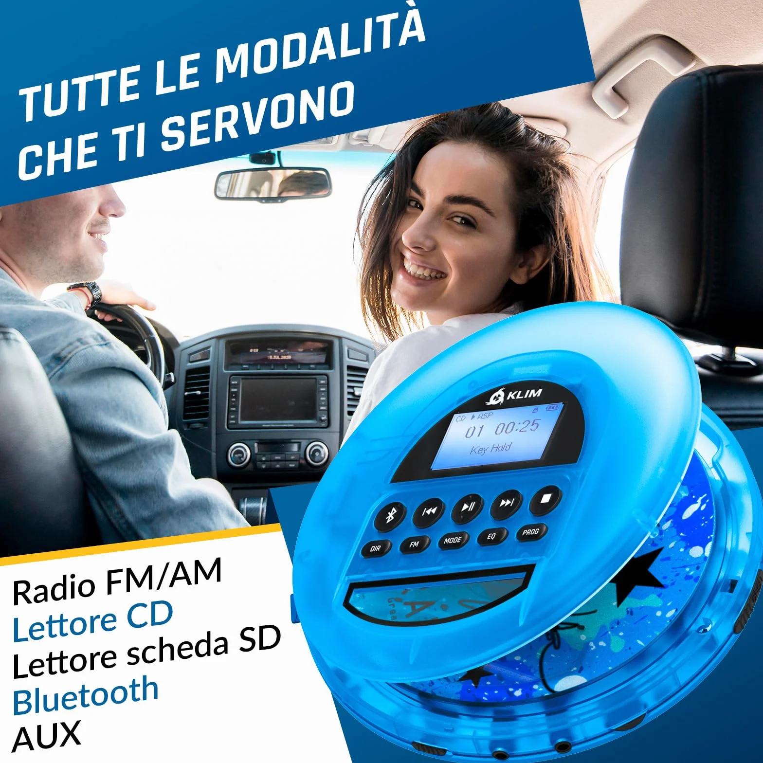 KLIM Nomad Transparent Blu - Lettore cd portatile - Batteria a Lunga Durata - Include Auricolari KLIM Fusion - con CD-R, CD-RW, MP3 - Lettore SD, Radio FM, Bluetooth - Ideale per Auto - Hi-Fi - Nuovo