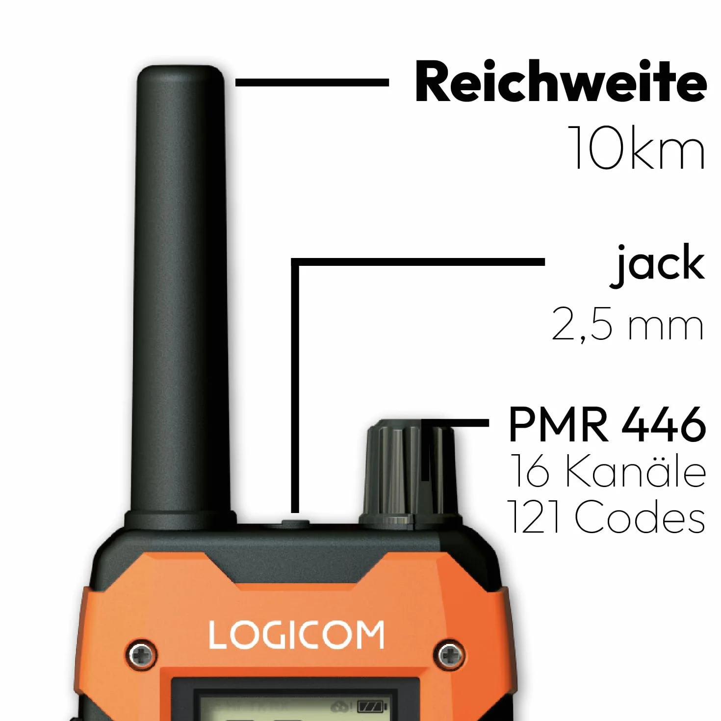 Logicom Extreme - Walkie-Talkie - PMR446 - Portata 10 km - Autonomia 36h - IP67-16 canali - Schermo LCD - USB-C Torcia - VOX Vivavoce - Audio Jack - Batteria 2000 mAh - Confezione da 2 radio