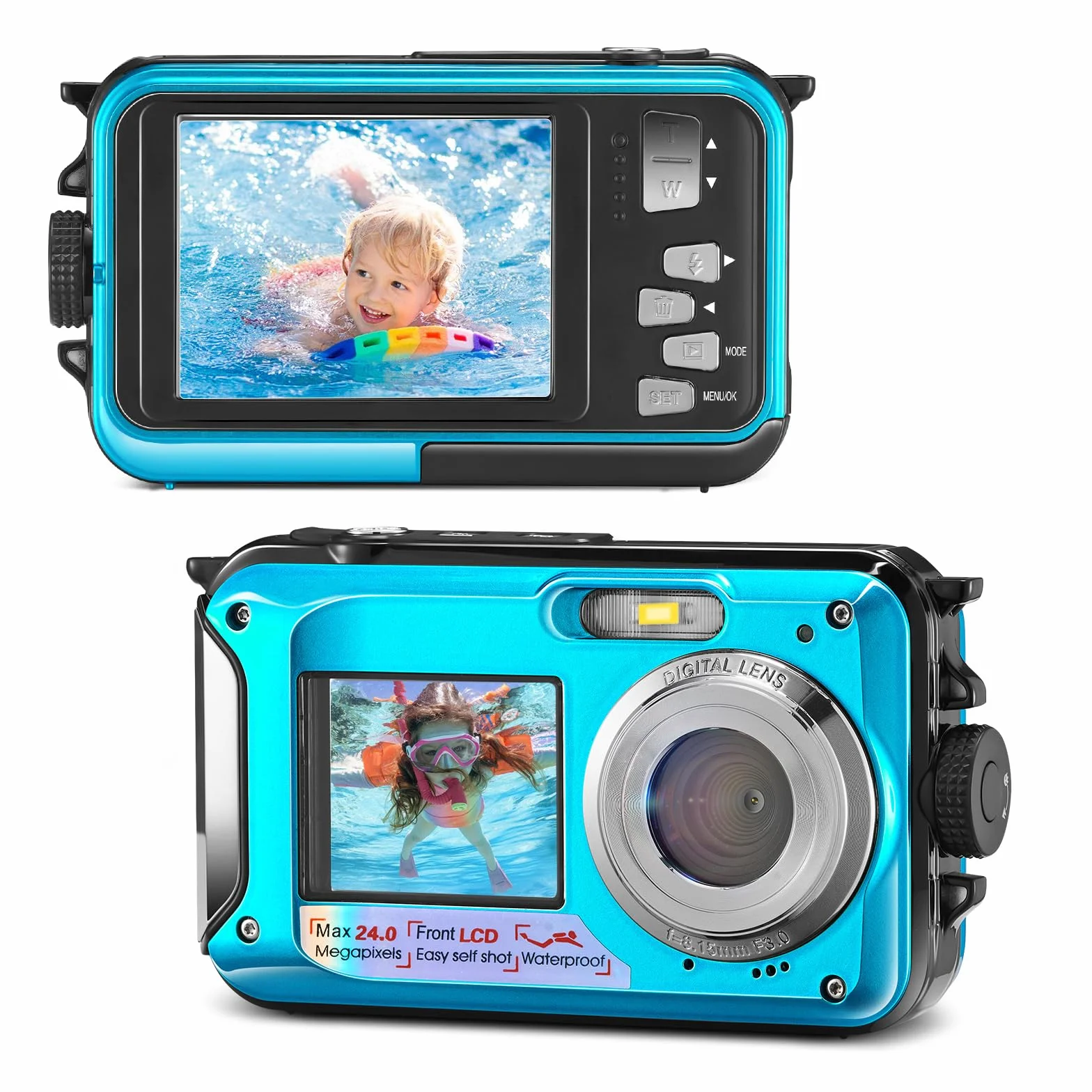Fotocamera impermeabile digitale Full HD 2,7 K 24 MP Macchina Fotografica Subcquea 16X Zoom digitale fotocamera impermeabile con doppio schermo, per adolescenti studenti principianti