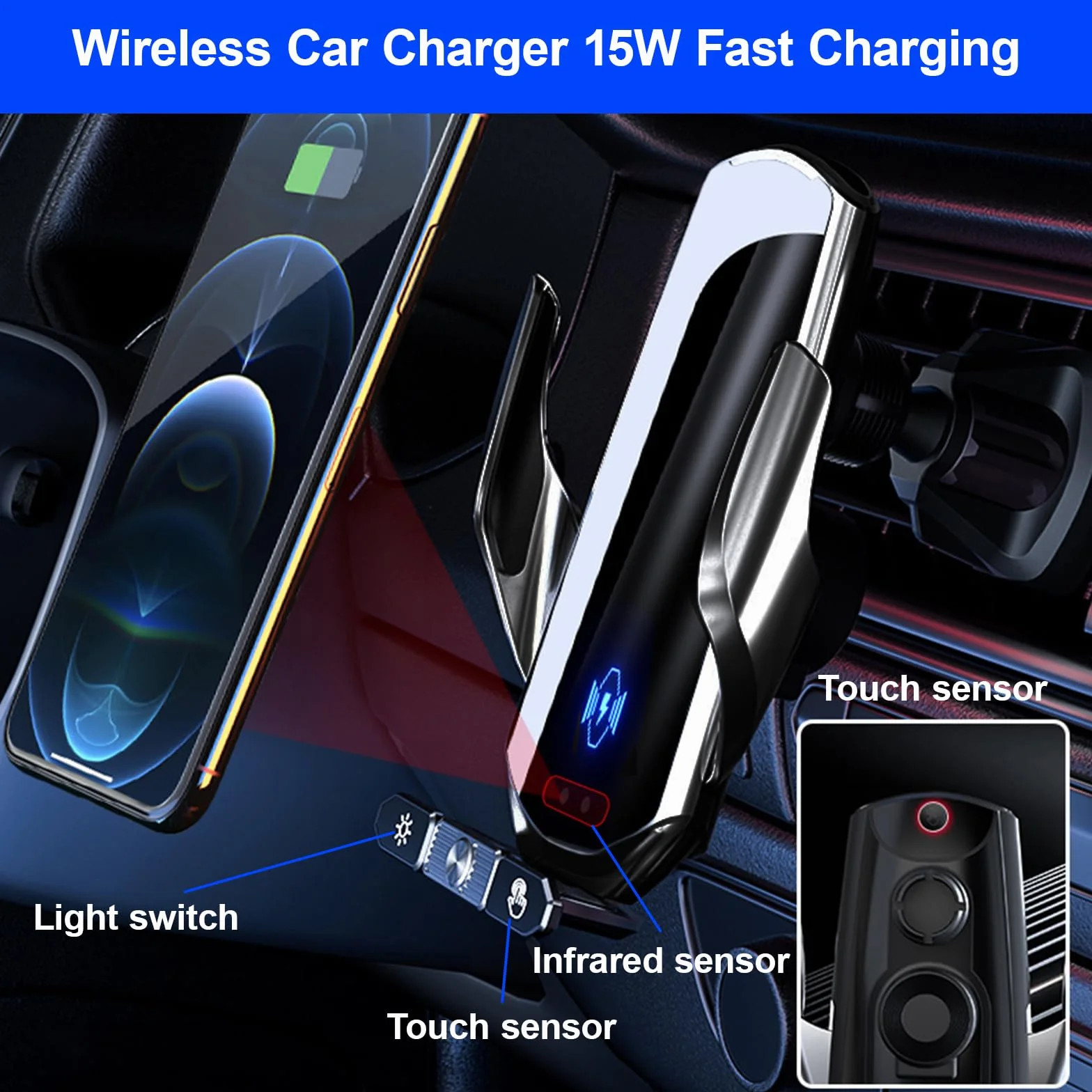 Supporto per telefono da auto con caricatore wireless, caricatore wireless da auto 15W a ricarica rapida, supporto con aggancio automatico a ventosa per auto/cruscotto/bocchetta dell'aria/parabrezza