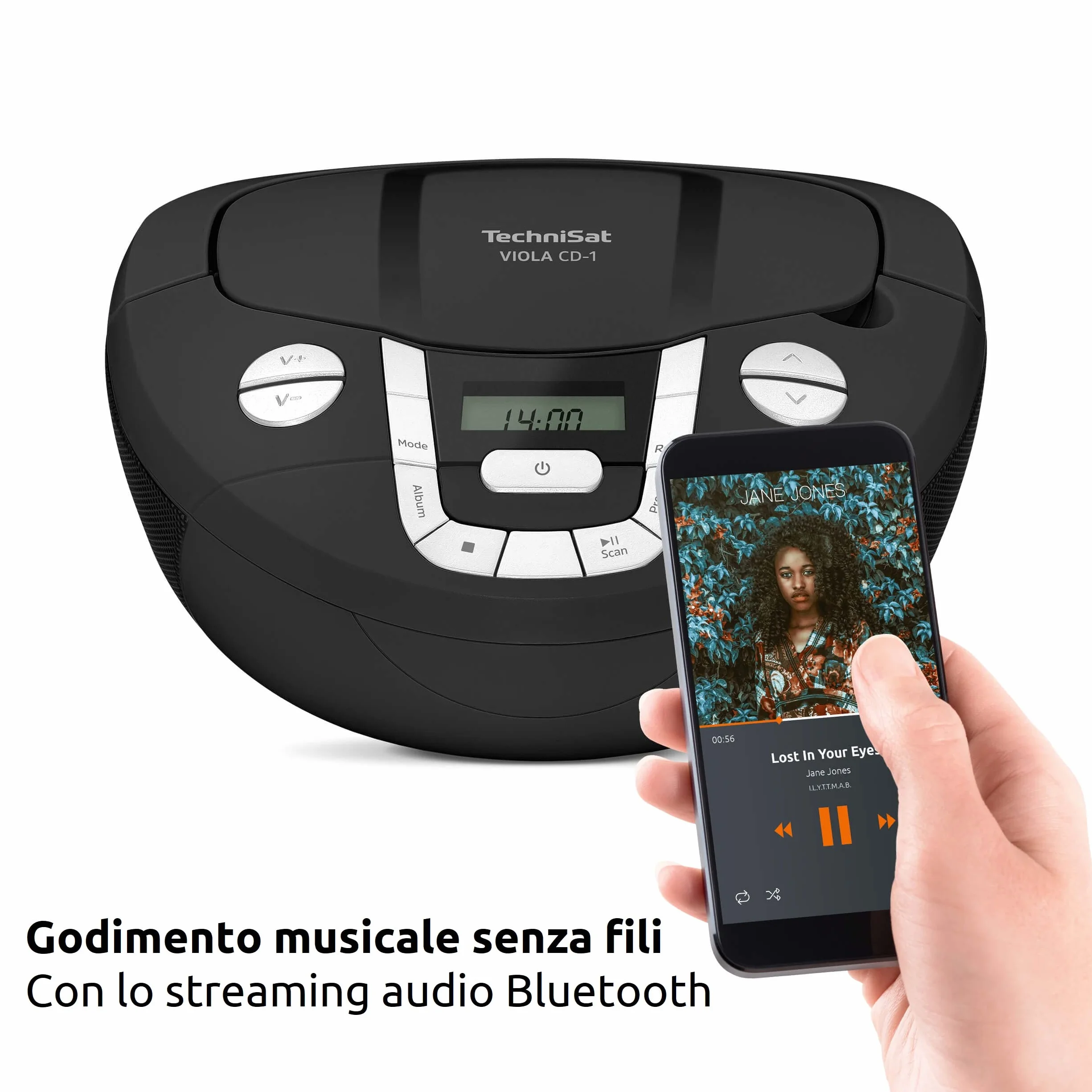 TechniSat VIOLA CD-1 - lettore CD stereo portatile con maniglia per il trasporto, boombox nera, sintonizzatore radio FM, ricezione Bluetooth, potenza di 2 x 1 W RMS, alimentazione a rete e a batteria