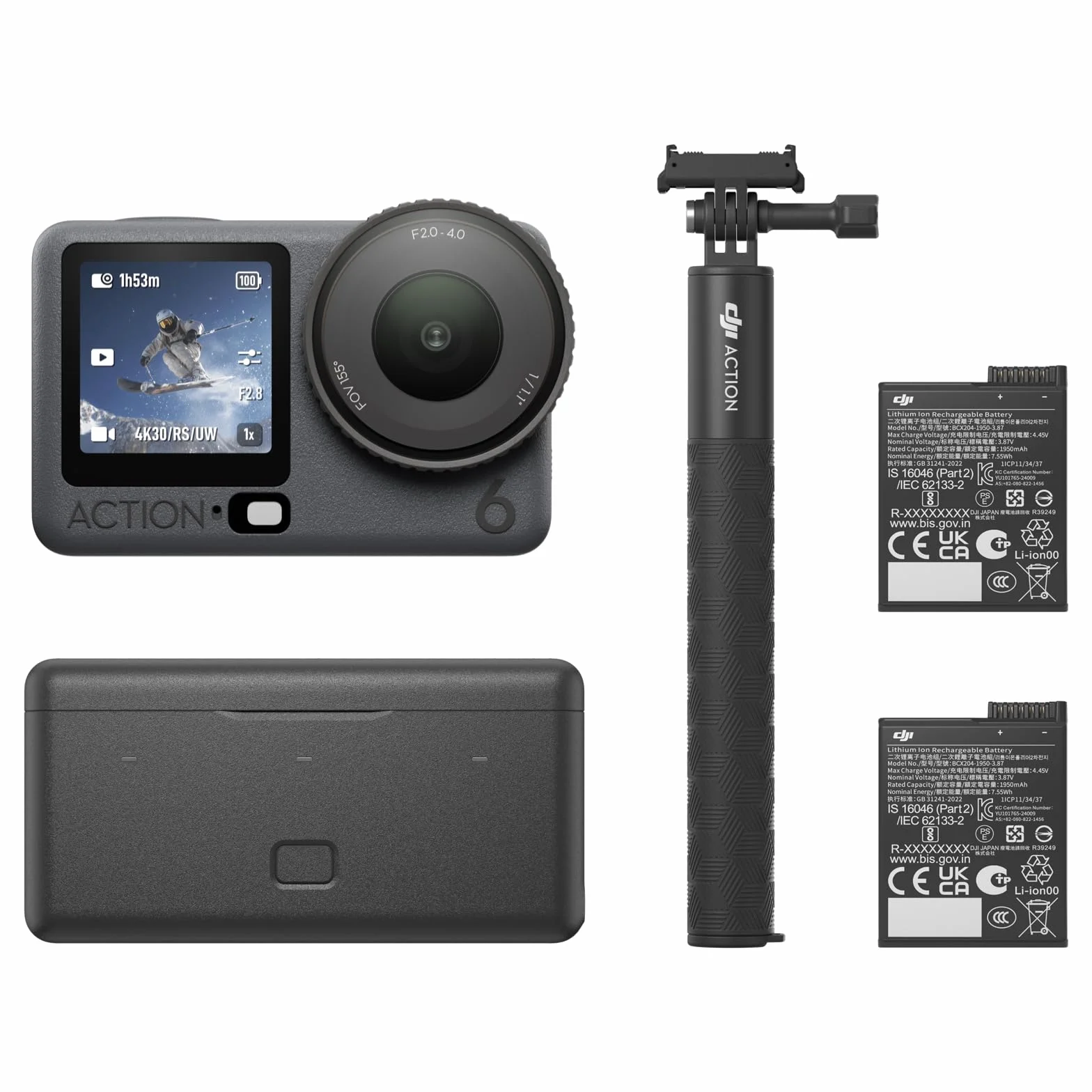 DJI Osmo Action 6 Combo Potenziato, fotocamera subacquea, sensore quadrato da 1/1,1″, 50 GB di memoria, apertura variabile f/2,0-f/4,0, durata della batteria estesa con 2 batterie, 8K