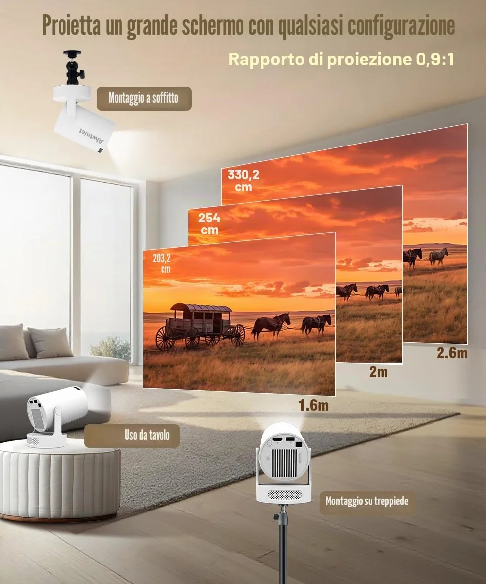 2026 HY300Pro+ Mini Proiettore 4K con Wi-Fi 6 e Bluetooth 5.4, Altoparlante Soundbase da 5W, Correzione Trapezio Verticale Automatica, Rotazione a 180°, Proiettore Portatile per Casa e Esterno