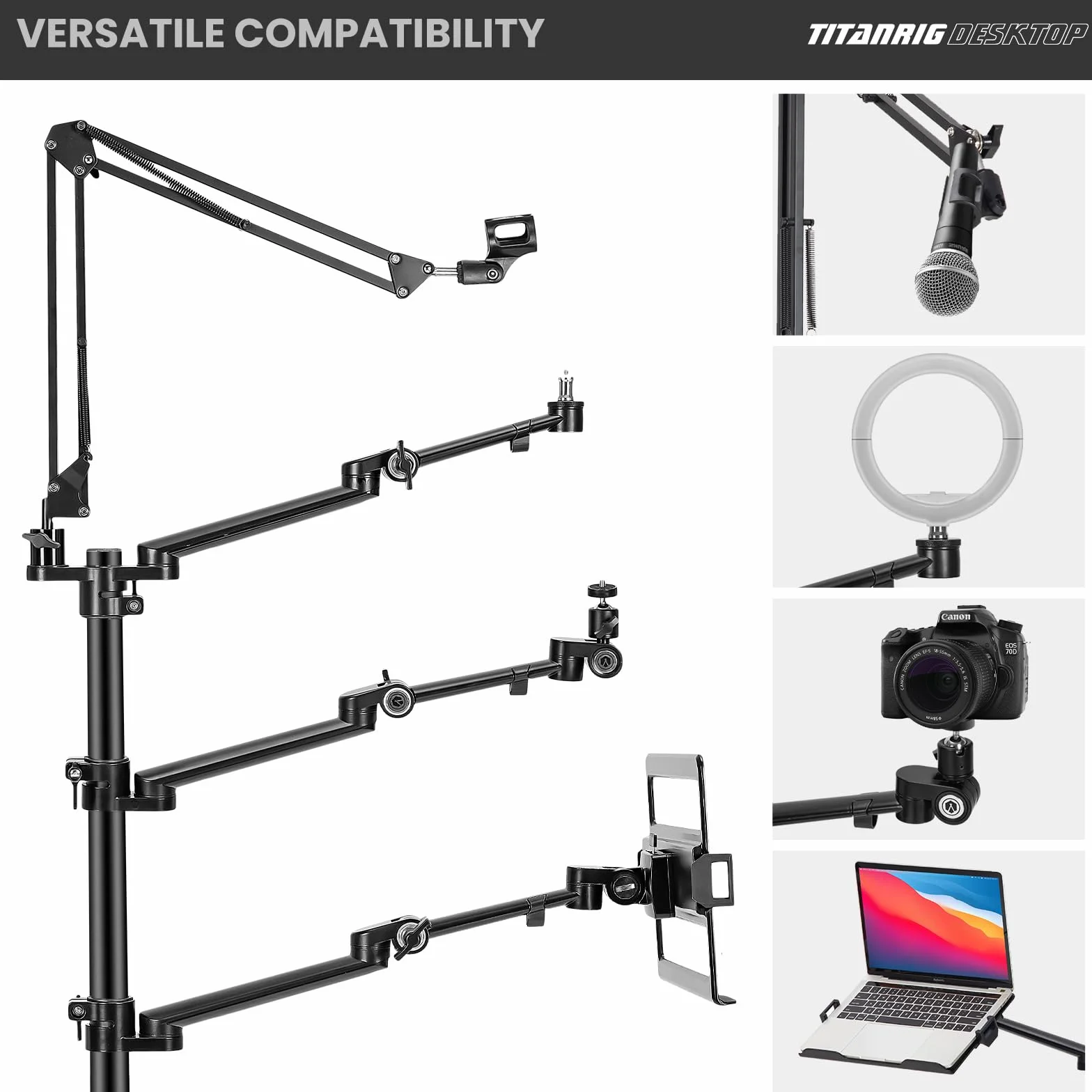 TARION Supporto Fotocamera da Tavolo con Braccio: Supporto DSLR Morsetto Flessibile da Tavolo con Bracci Snodato per Anello Luminoso Microfono Fotografia Video Streaming Titanrig Desktop