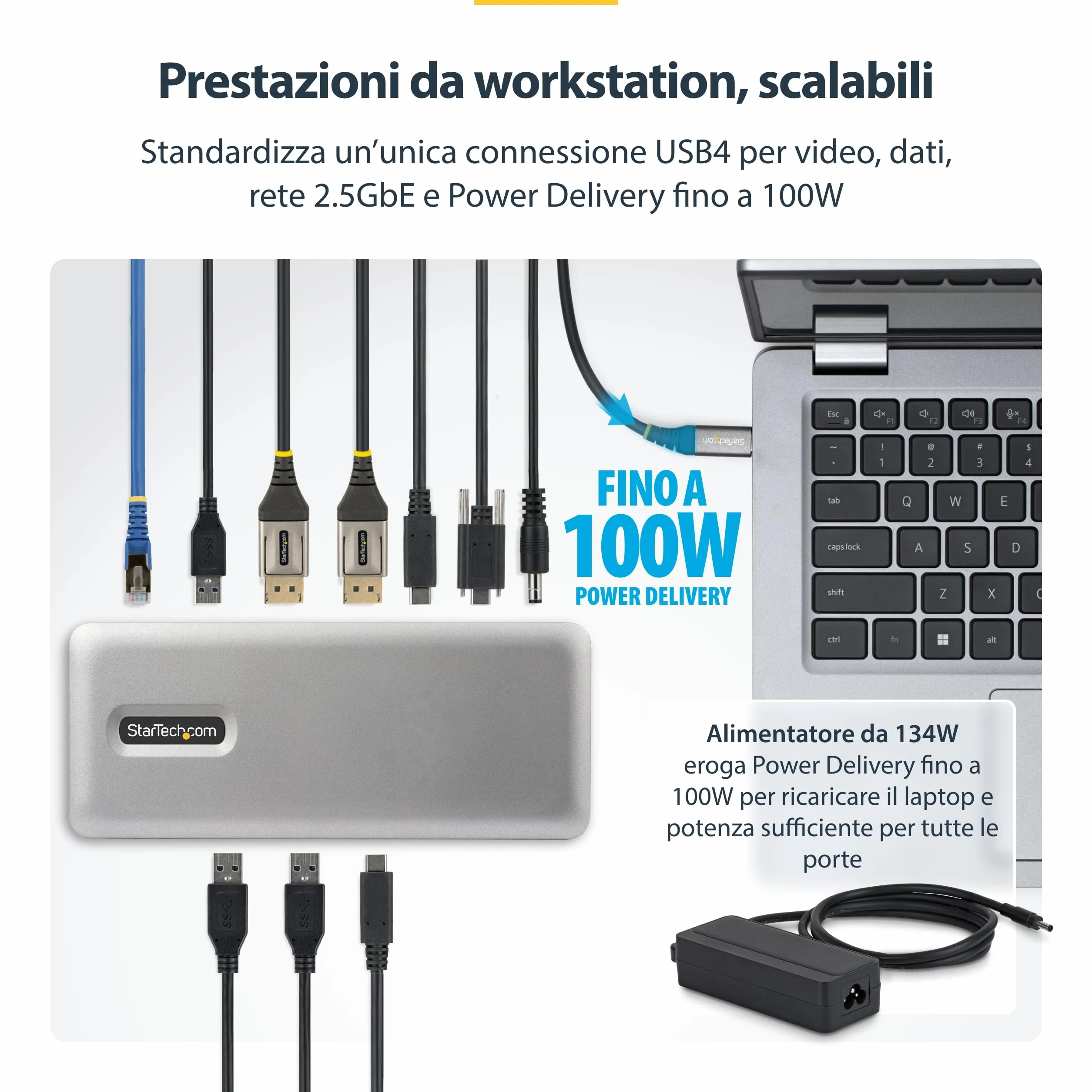 StarTech Docking Station USB4, Doppio Monitor 4K senza Driver per macOS e Windows, Dock USB-C Universale con Power Delivery da 100W per Laptop, Ethernet 2,5GbE