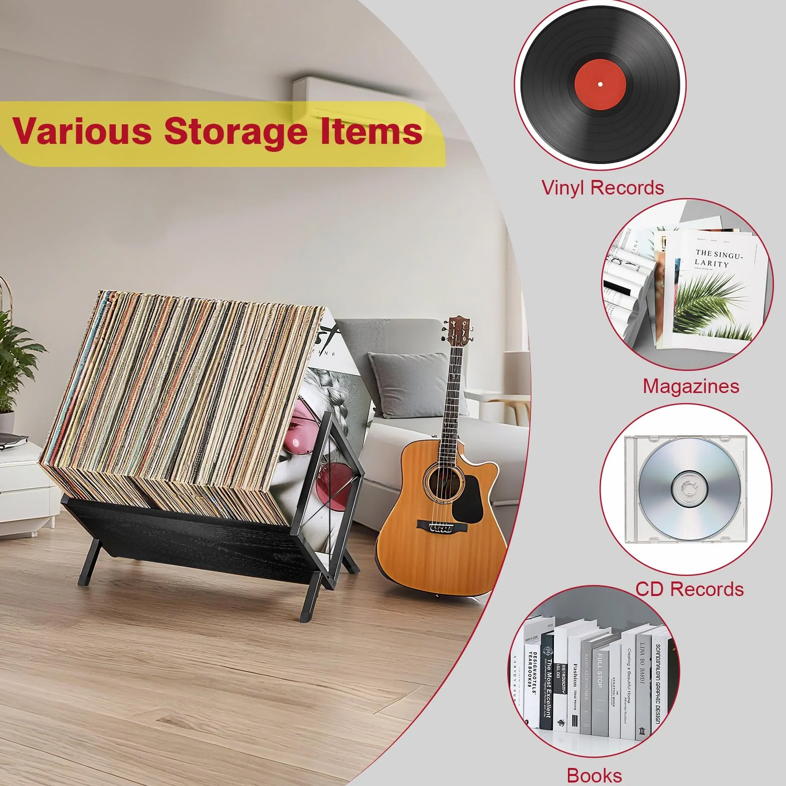 porta vinili per 100 dischi in vinile, porta cd da tavolo di legno, stile retrò organizzatore per la tua raccolta, nero