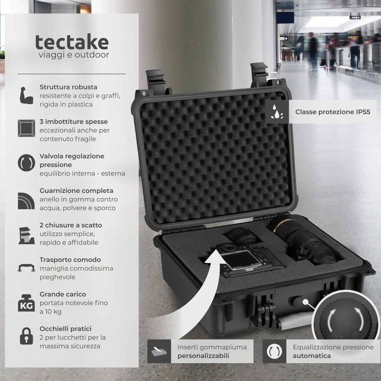 tectake® Valigetta Universale per Fotocamera, Custodia Macchina Fotografica, Leggera, Robusta, Porta Macchina Fotografica, Valigetta Impermeabile Rigida, IP55 - dimensioni interne 37,5x27x15,5 cm