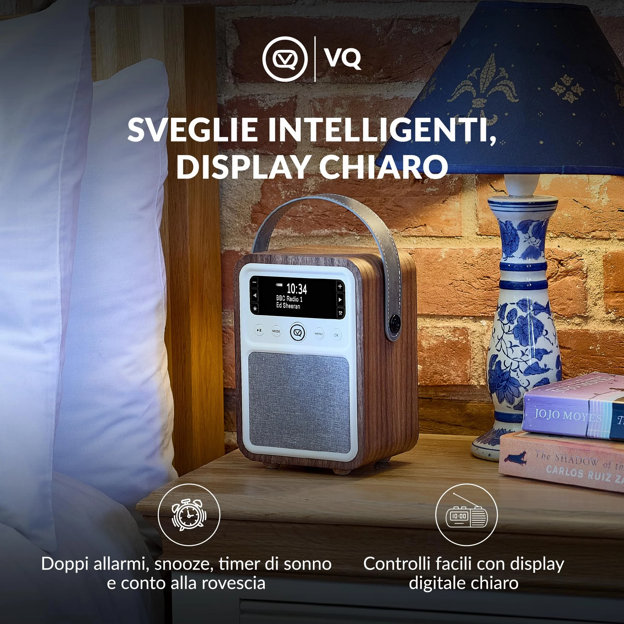 VQ Monty Radio DAB Plus/DAB con Cassa Bluetooth, FM e Radio Sveglia Funzione - Alimentata da Rete e Batteria Radio Portatile Vintage con Antenna, Presa Cuffie e Porta USB - Noce