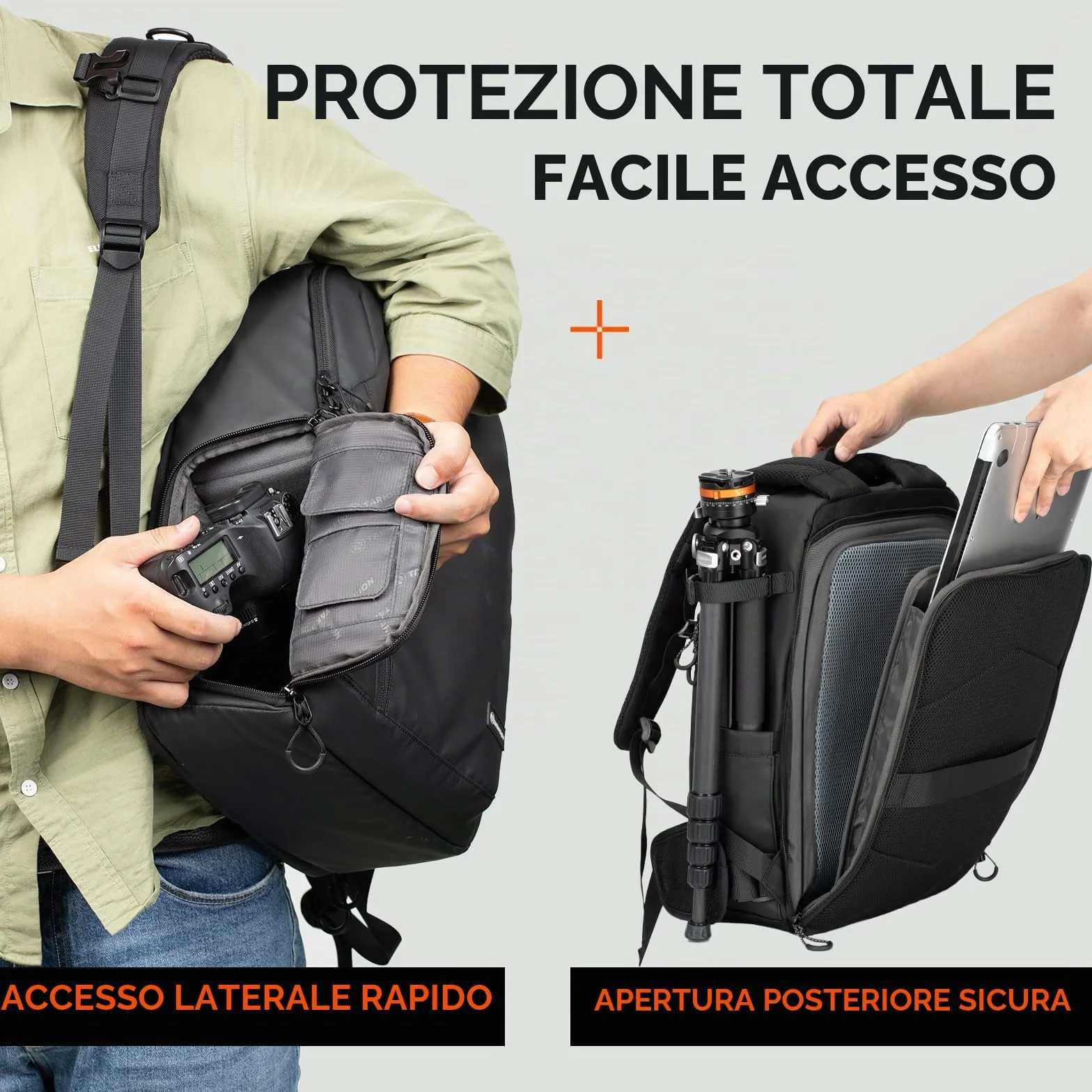 TARION Zaino Fotografico Grande Capacità: Zaino Impermeabile per Fotocamera Con Scomparto per Laptop da 16'' Borsa Fotografica Con Copertura Antipioggia TR-XL(Nero)