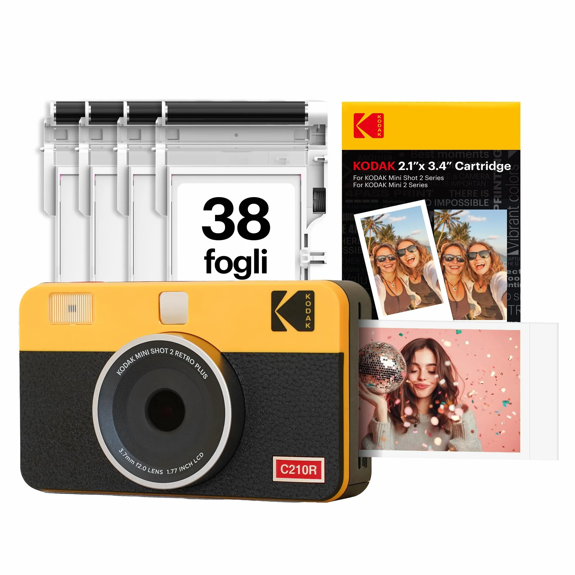 KODAK Mini Shot 2 Retro Regalo di Natale 4PASS 2-in-1 Fotocamera istantanea e stampante fotografica (5,3 x 8,6 cm) + 8 Fogli inclusi + confezione da 30 fogli, giallo