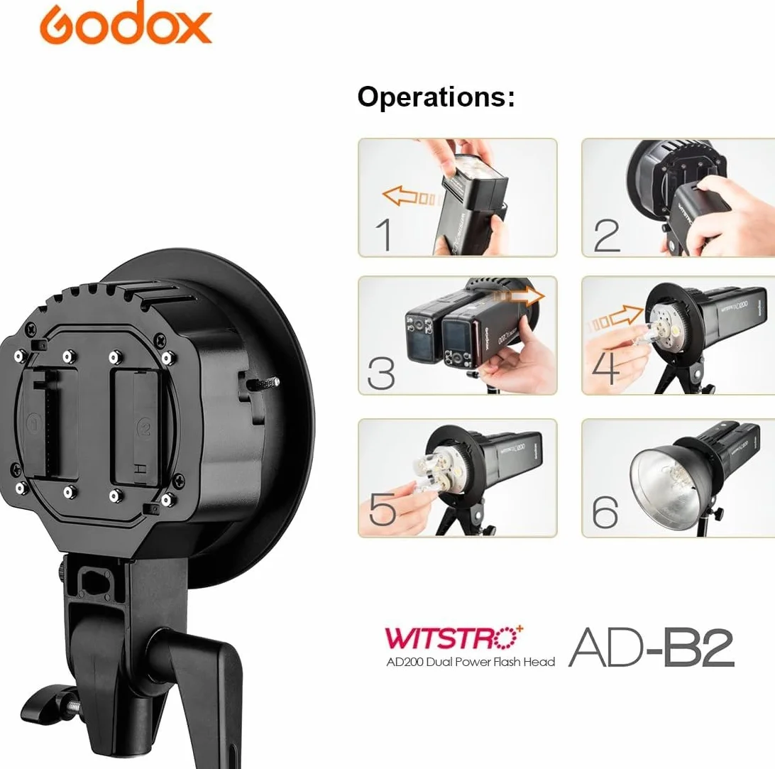 Godox AD-B2 AD200 Testa flash a doppia alimentazione Bowens Mount Staffa a testa doppia a doppio tubo per AD200 Flash Speedlite portatile