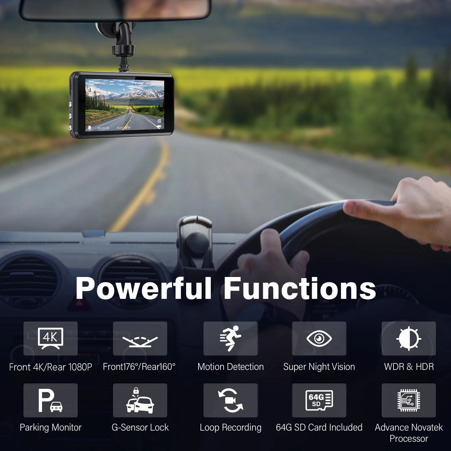 Miden 4K+1K Dashcam 2160P+1080P UHD Telecamera Auto IPS 3.2" Grandangolo 336° G-Sensor Visione Notturna WDR Monitor Parcheggio Registrazione Loop