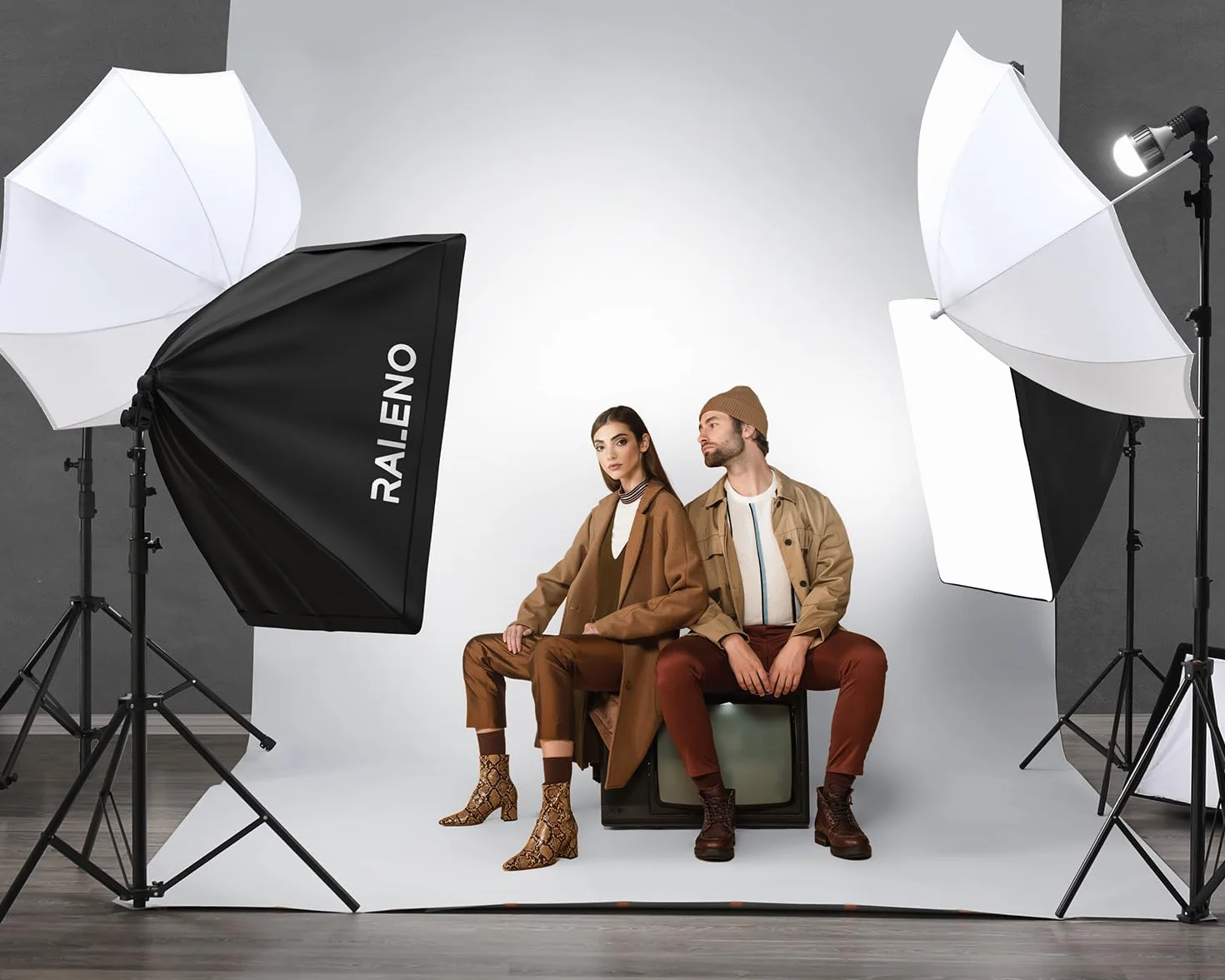 RALENO Set Fotografia, Kit di staffe per sfondo verde 2,6x3 m, Kit di Illuminazione per Studio Softbox con 50W Lampadine LED 5500 K, 97 CRI, Kit Fotografico in Studio