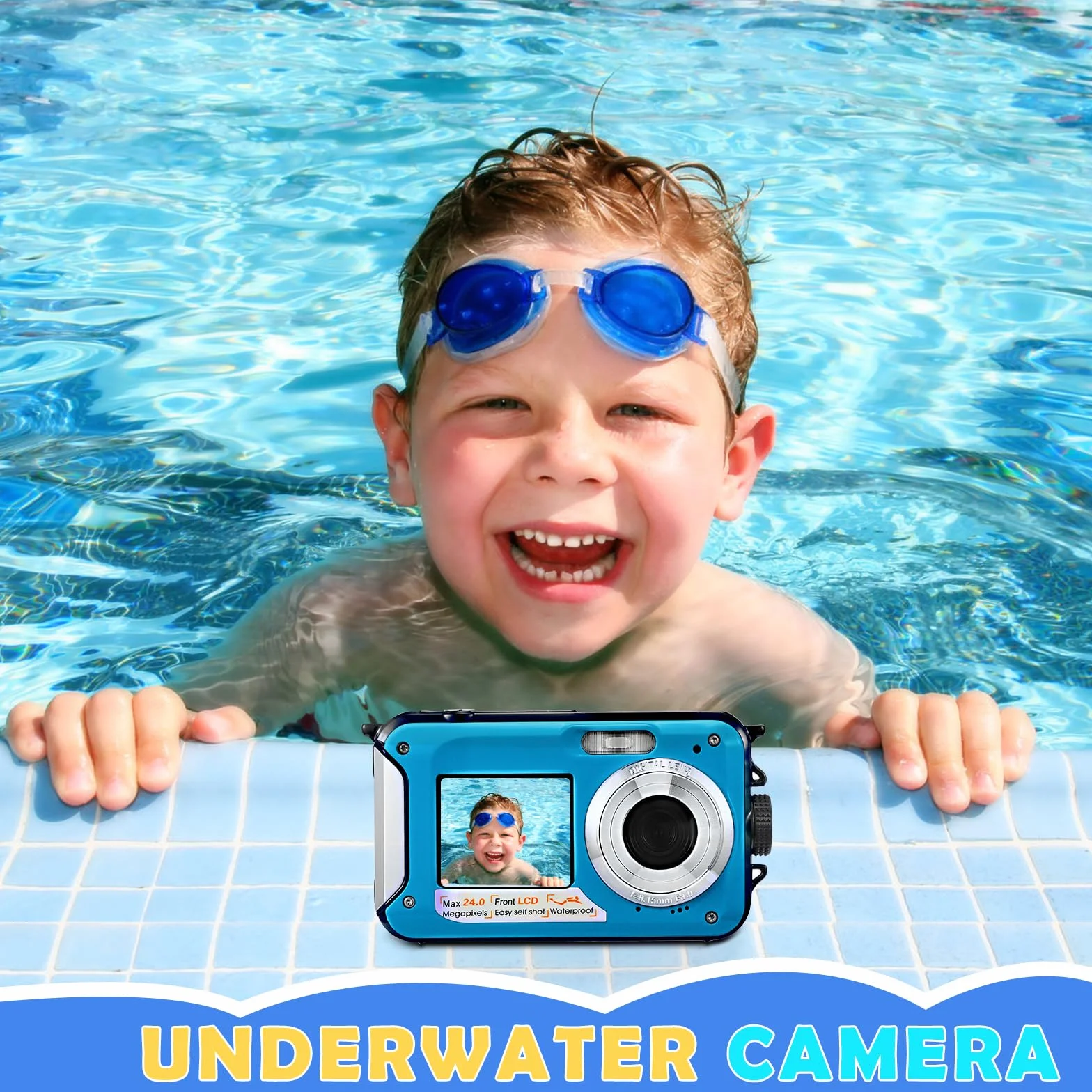 Fotocamera impermeabile digitale Full HD 2,7 K 24 MP Macchina Fotografica Subcquea 16X Zoom digitale fotocamera impermeabile con doppio schermo, per adolescenti studenti principianti
