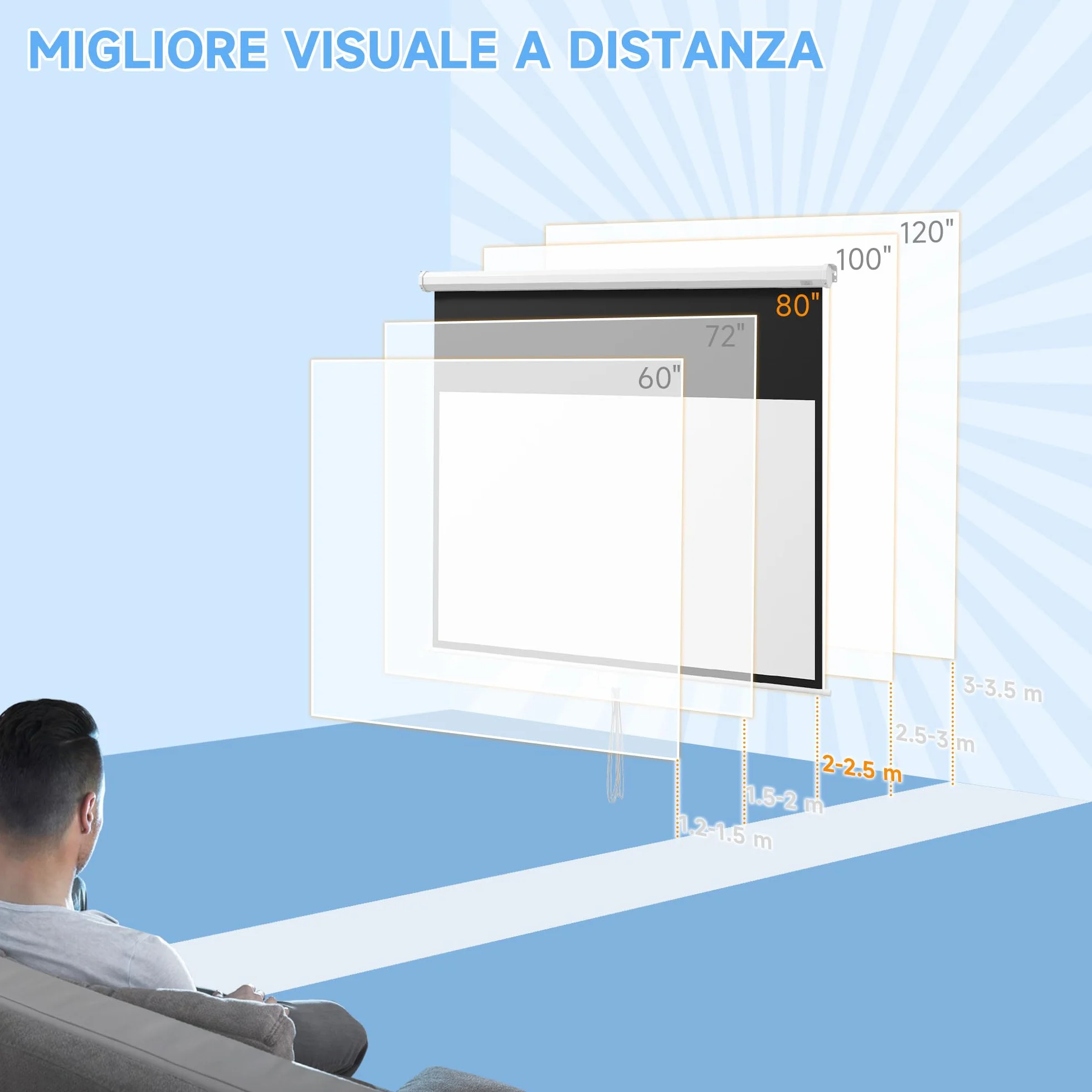 HOMCOM Telo Proiettore da 80 Pollici 4K HD Formato 16:9, Altezza Regolabile Manuale, Schermo Proiettore, Grandangolo di 160 Gradi, Telo Videoproiettore per Casa, Home, Cinema, Ufficio, Esterno, Bianco