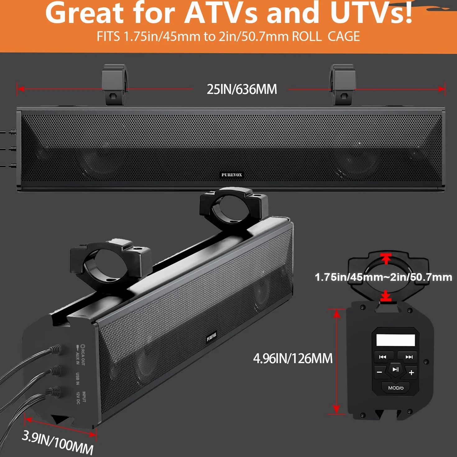 UTV Sound Bar, soundbar ATV da 66 cm, con luci multicolore SXS Sound Bar impermeabile Bluetooth Golf Cart Sound Bar per Polaris RZR Can-Am Defender Maverick