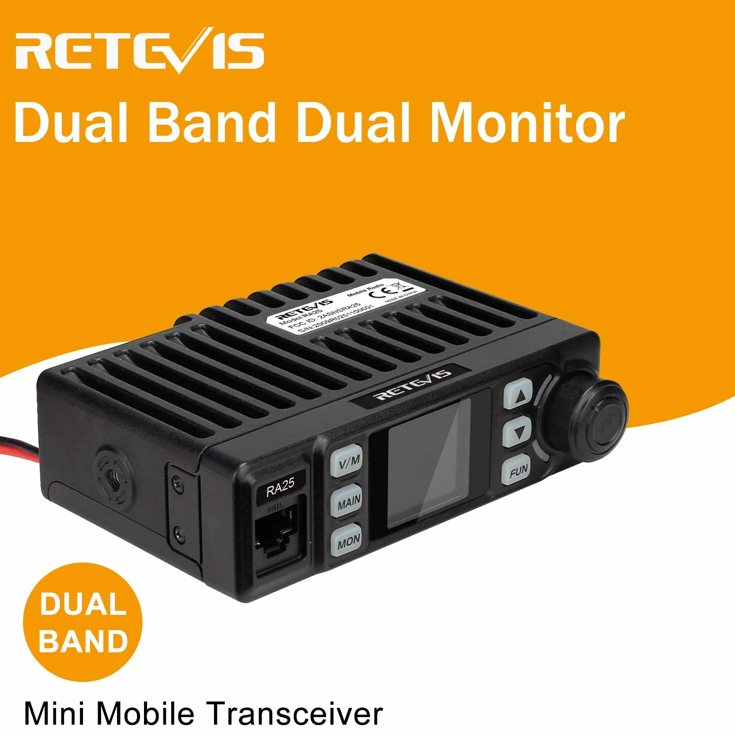 Retevis RA25 Mobile Ricetrasmettitore, Doppio Monitor Dual Band, 5W/20W,500 Canali,5 Toni/2 Toni/DTMF, Display TFT da Mini Mobile Radio(1 Pezzo, Nero)
