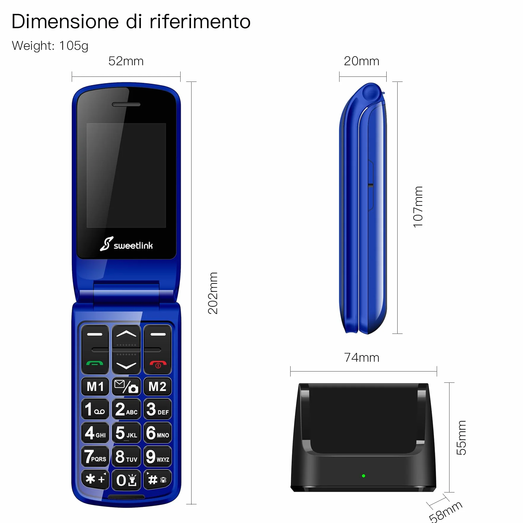 SweetLink F2 Plus Telefono Cellulare per Anziani, Flip Cellulare Anziani con Tasti Grandi, Contatti con Immagini, Base di Ricarica, Volume Alto, Funzione SOS, Doppia SIM,Pantalla 2.4", Blu