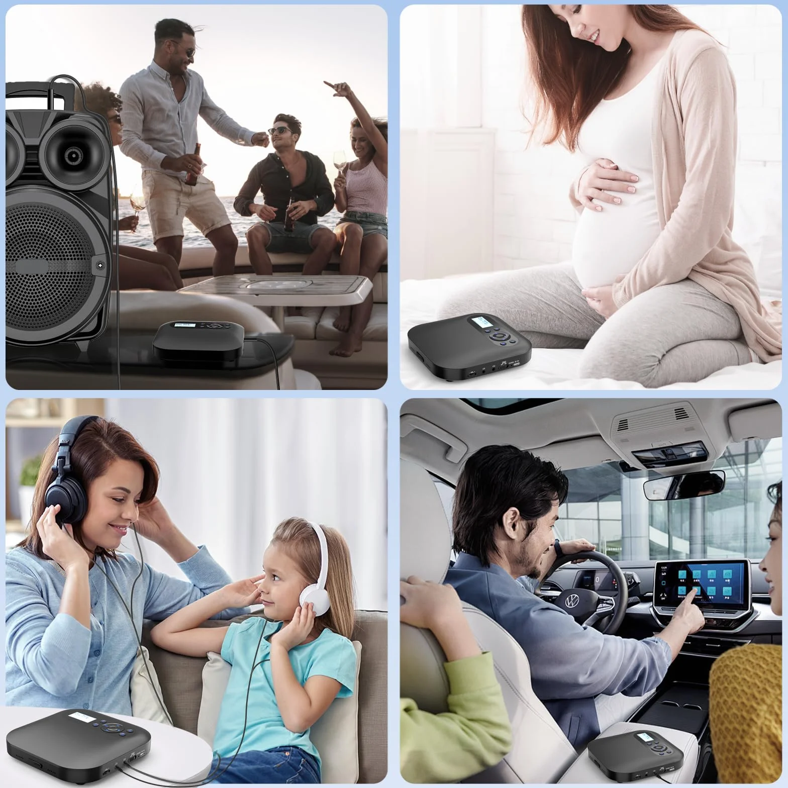 Lettore CD portatile con Bluetooth, NUOVO Lettore CD Discman ricaricabile per auto con FM, Due altoparlanti stereo, Anti-Skip, Due connettori per cuffie, Per regalo