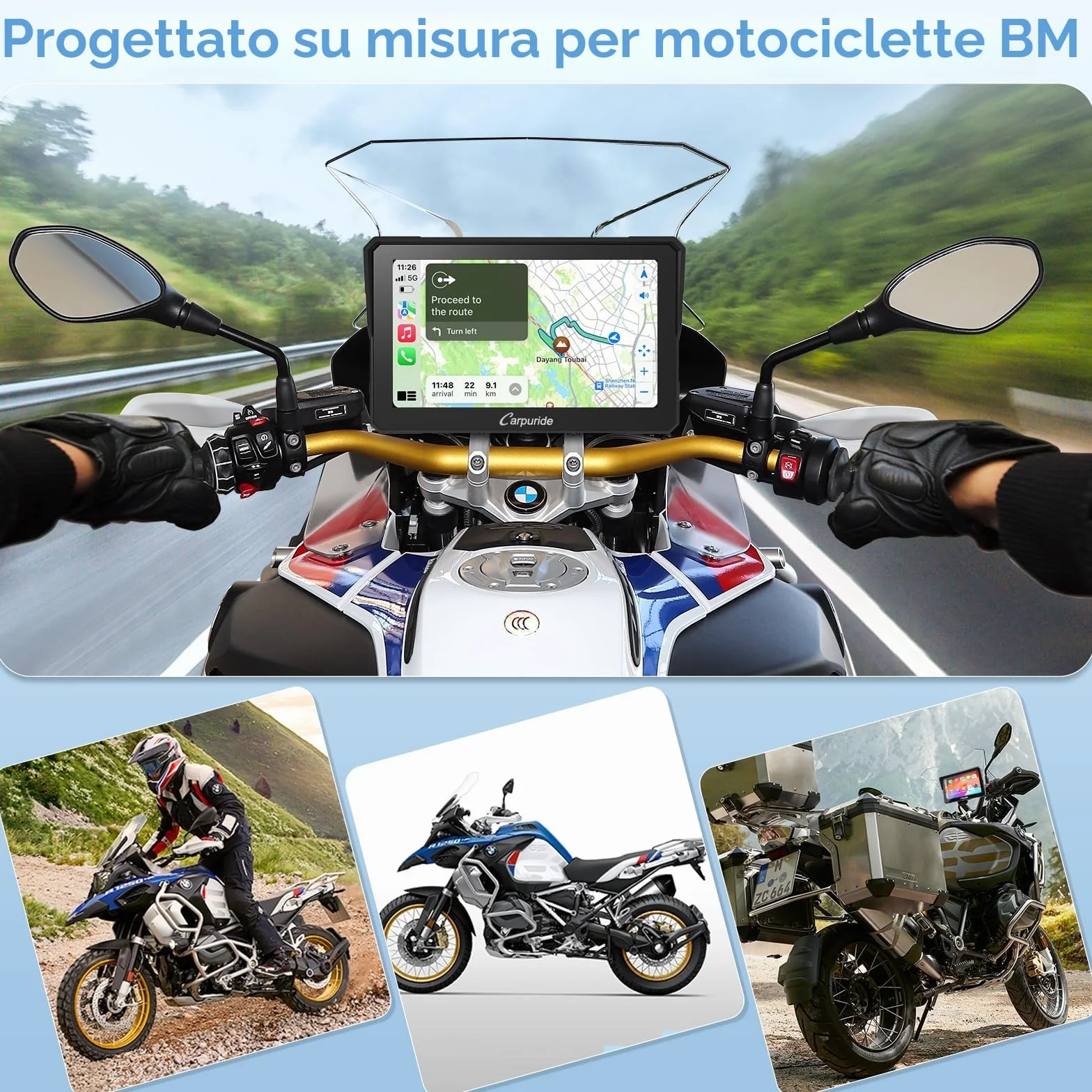 Carpuride W702B Schermo GPS Carplay per moto, con supporto personalizzato per BMW Moto, Wireless CarPlay e Android Auto, Touchscreen impermeabile portatile da 7 pollici, Bluetooth Trans, Navigazione,