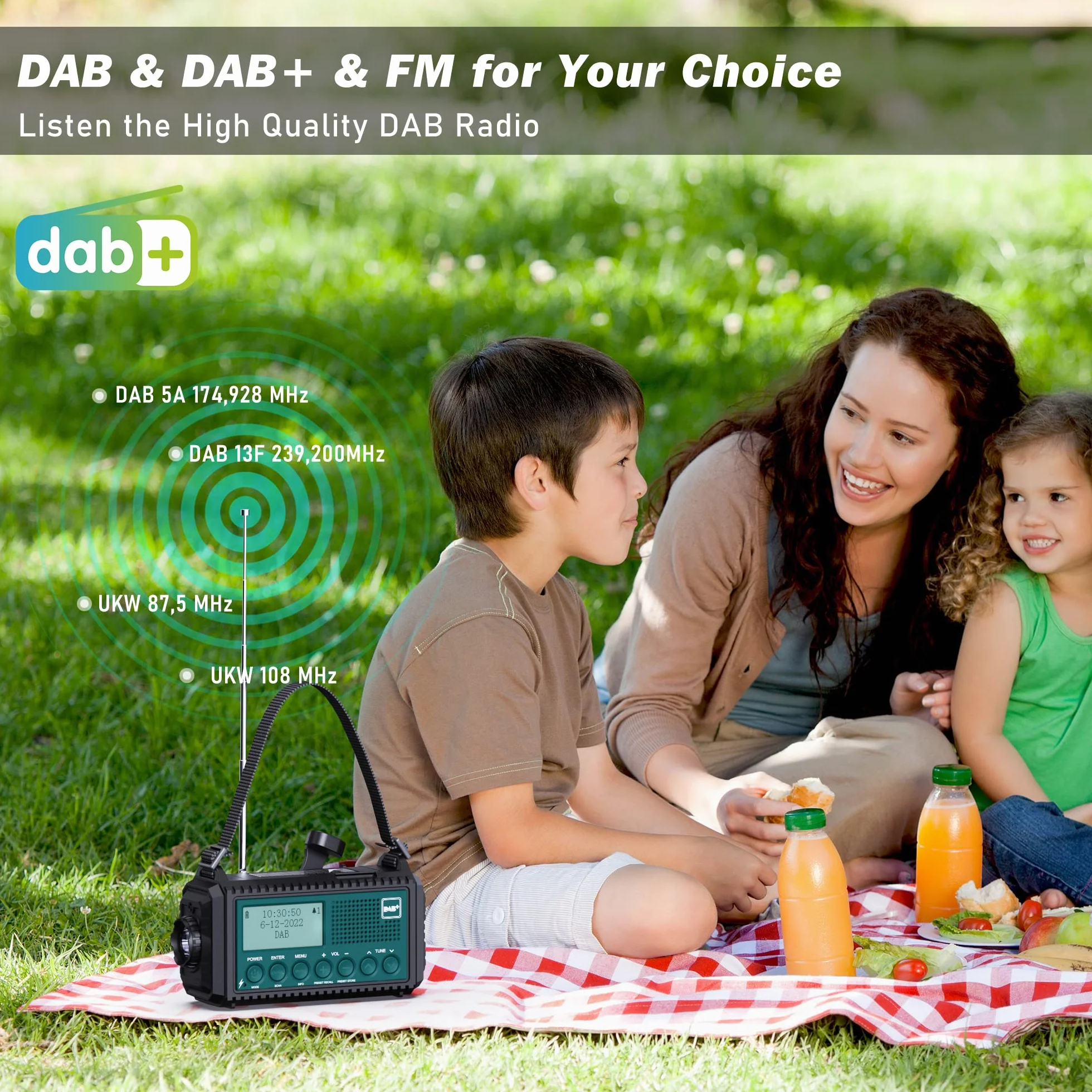 Radio DAB+/DAB/FM Con Batteria Ricaricabile 5000 mAh, Emergenza Con Torcia Elettrica, Campeggio Portatile Con Ricarica USB, Dinamo Allarme SOS, per Escursionismo
