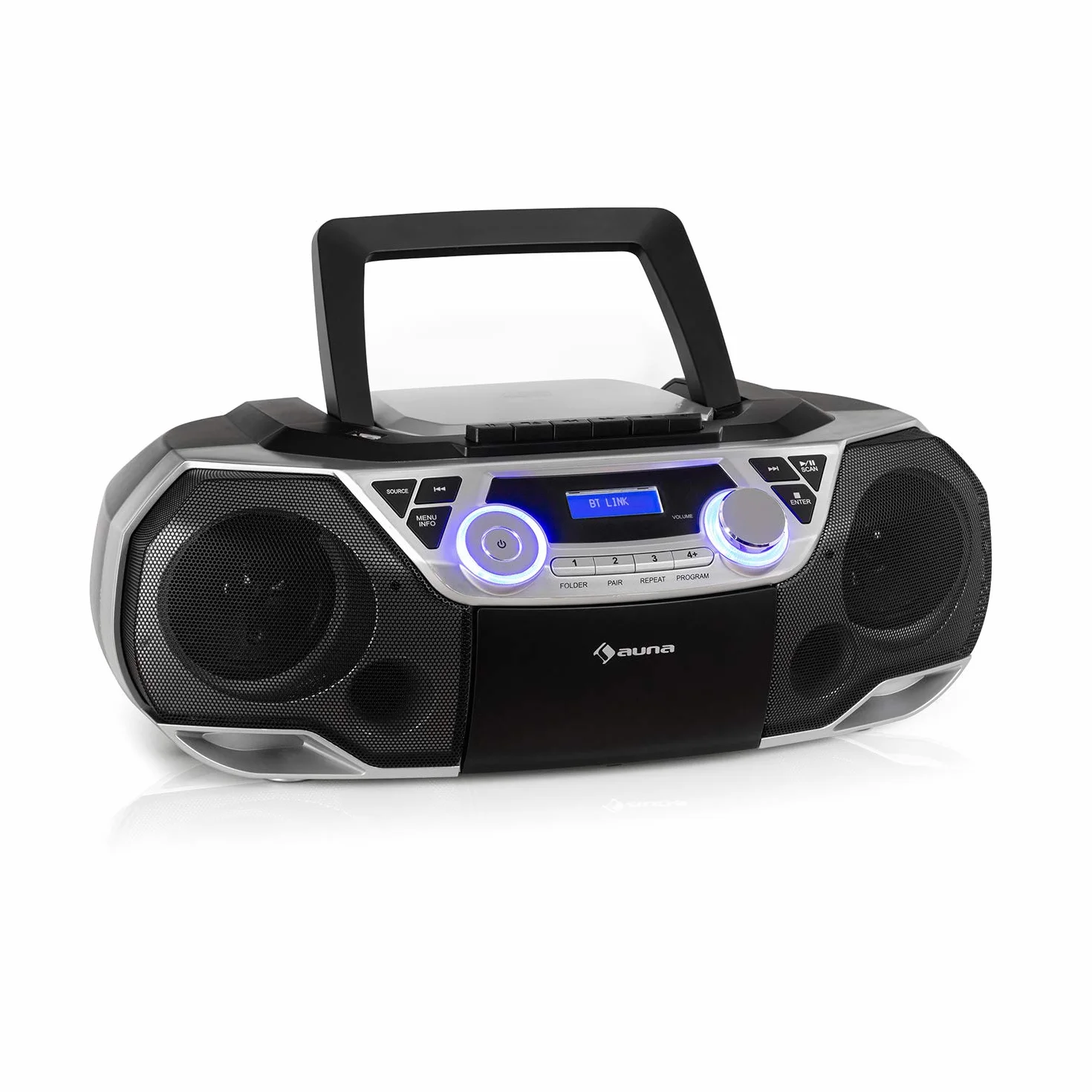 auna Roadie 2K - Boombox, Radio DAB+/FM, Lettore CD, CD-R/CD-RW/CD-MP3, Radiocassette, Portatile, USB, MP3/WMA, Bluetooth 5.0, AUX, Alimentazione a Corrente e Batteria, Argento