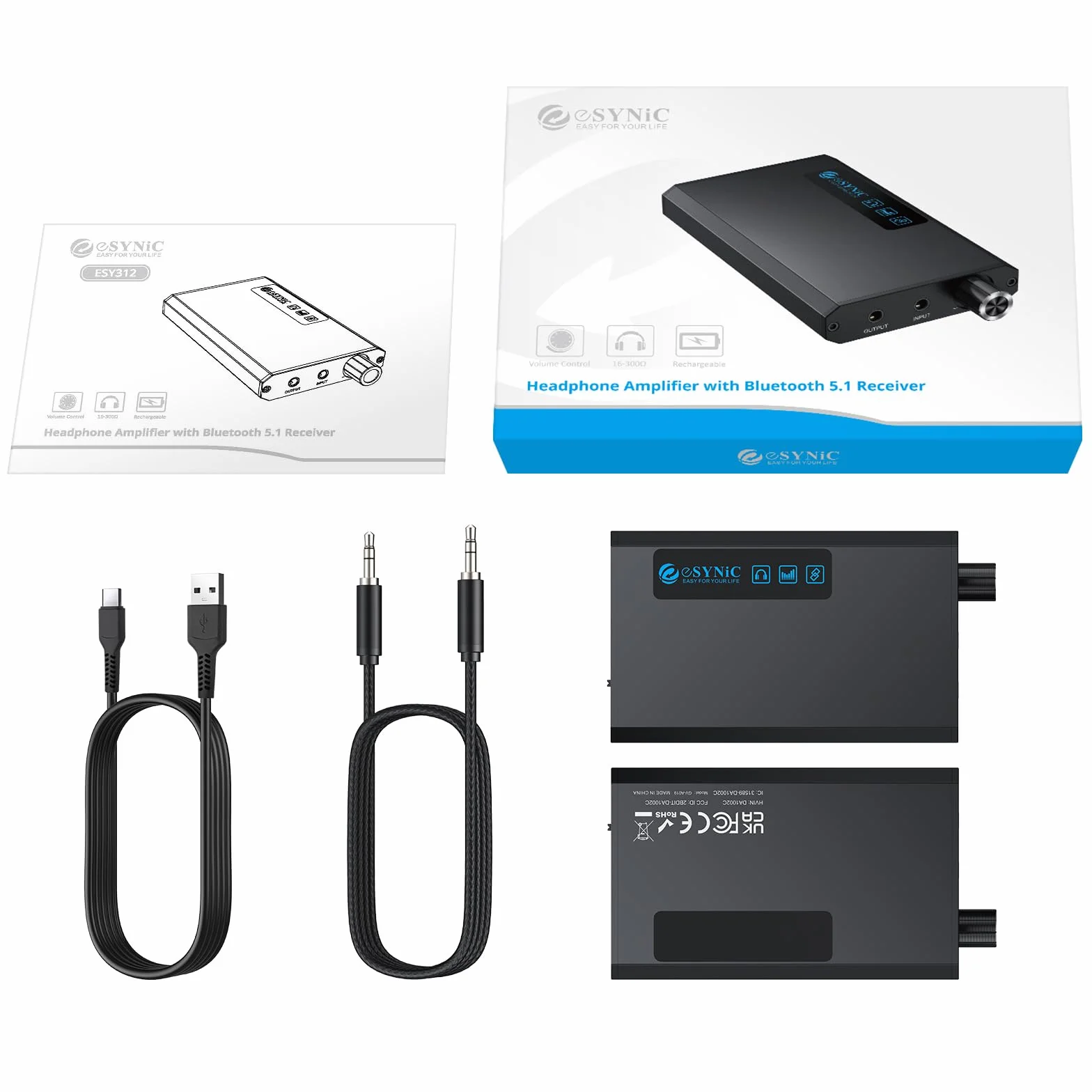 eSynic HiFi Amplificatore per Cuffie con Ricevitore Bluetooth 5.1, Impedenza 16-300Ω, 2 Livelli di Guadagno, Batteria Ricaricabile 1500mAh con Cavo USB-C e Cavo Audio, in Alluminio per MP3 Smartphone