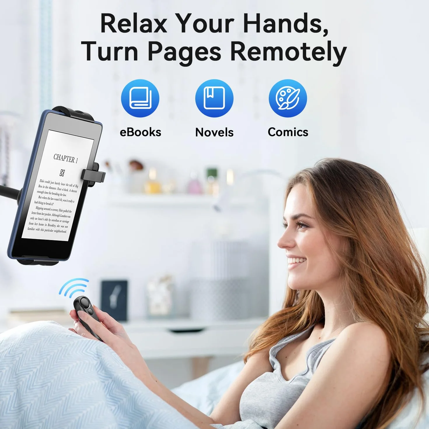 Supporto per Kindle con Telecomando Pagina Turner HKRC004 per Leggere a Letto, Lettore eBook, RF volta pagina per Kindle/iPad/Tablet