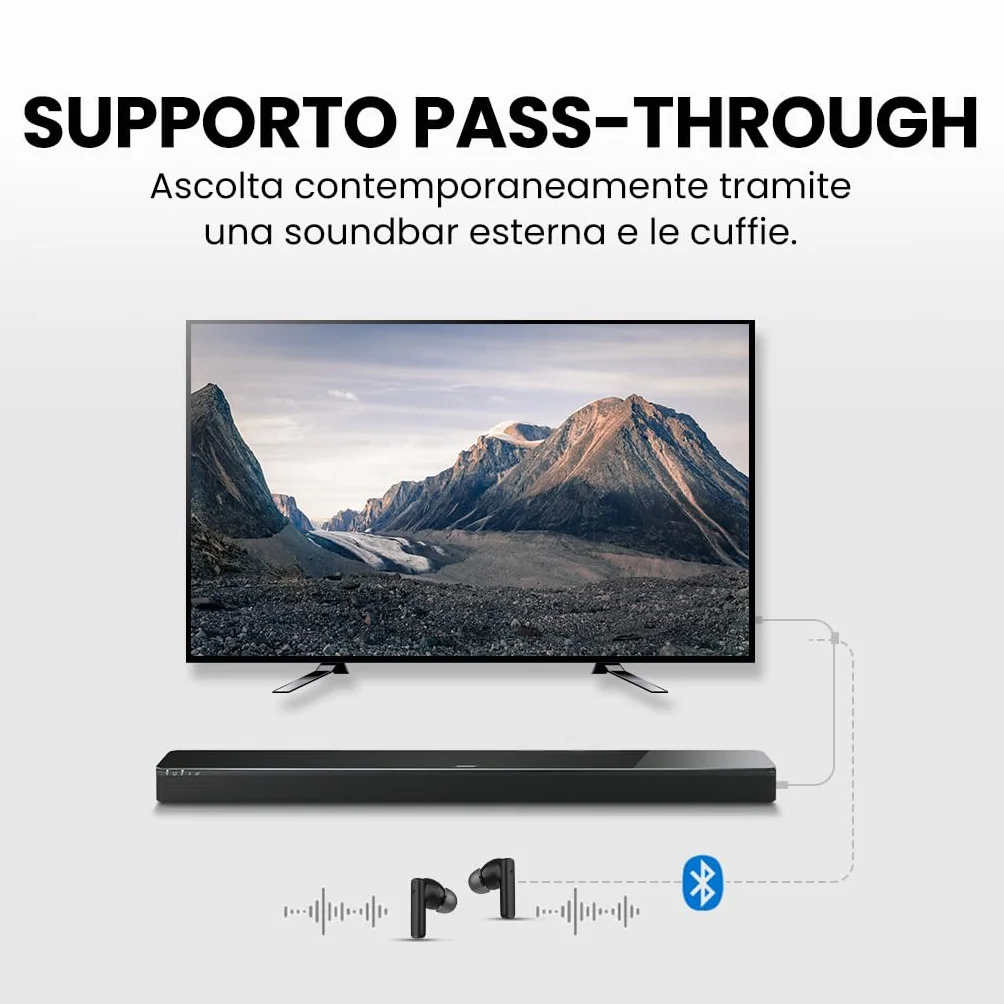 Avantree Oasis Plus 2 – Trasmettitore Bluetooth per TV con controllo del volume a distanza, supporta due cuffie, aptX‑Adaptive, passthrough soundbar, per TV con uscita ottica o AUX