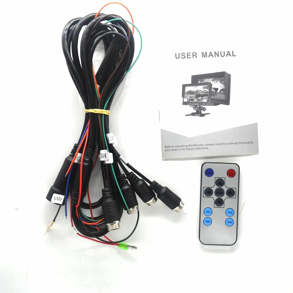 Padarsey Monitor TFT LCD da 7 pollici per specchietto retrovisore auto Quad Split, telecomando, 4 canali ingressi video RCA (connettore antiurto a 4 pin), schermo 12 V-24 V 800 × 480 HD, con parasole